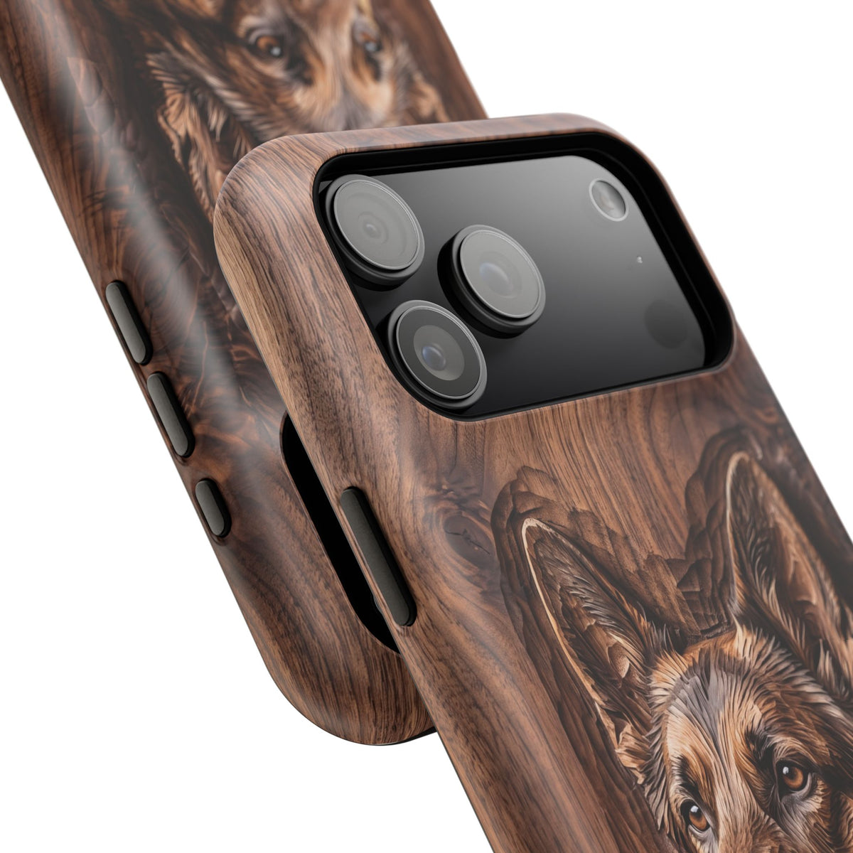 German Shepherd Phone Case | Carved Walnut Art — Tough Magnetic Case with Wireless Charging