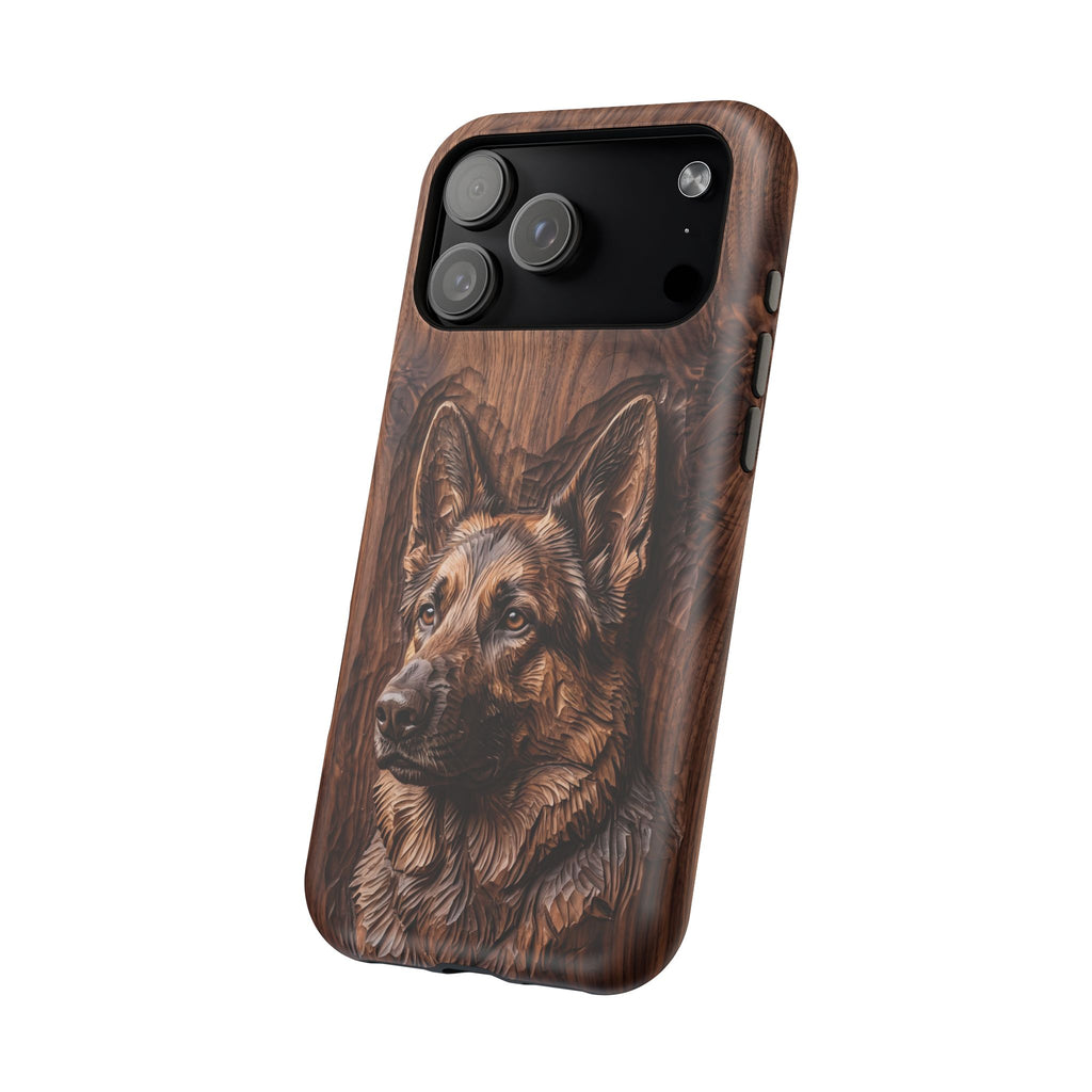 German Shepherd Phone Case | Carved Walnut Art — Tough Magnetic Case with Wireless Charging
