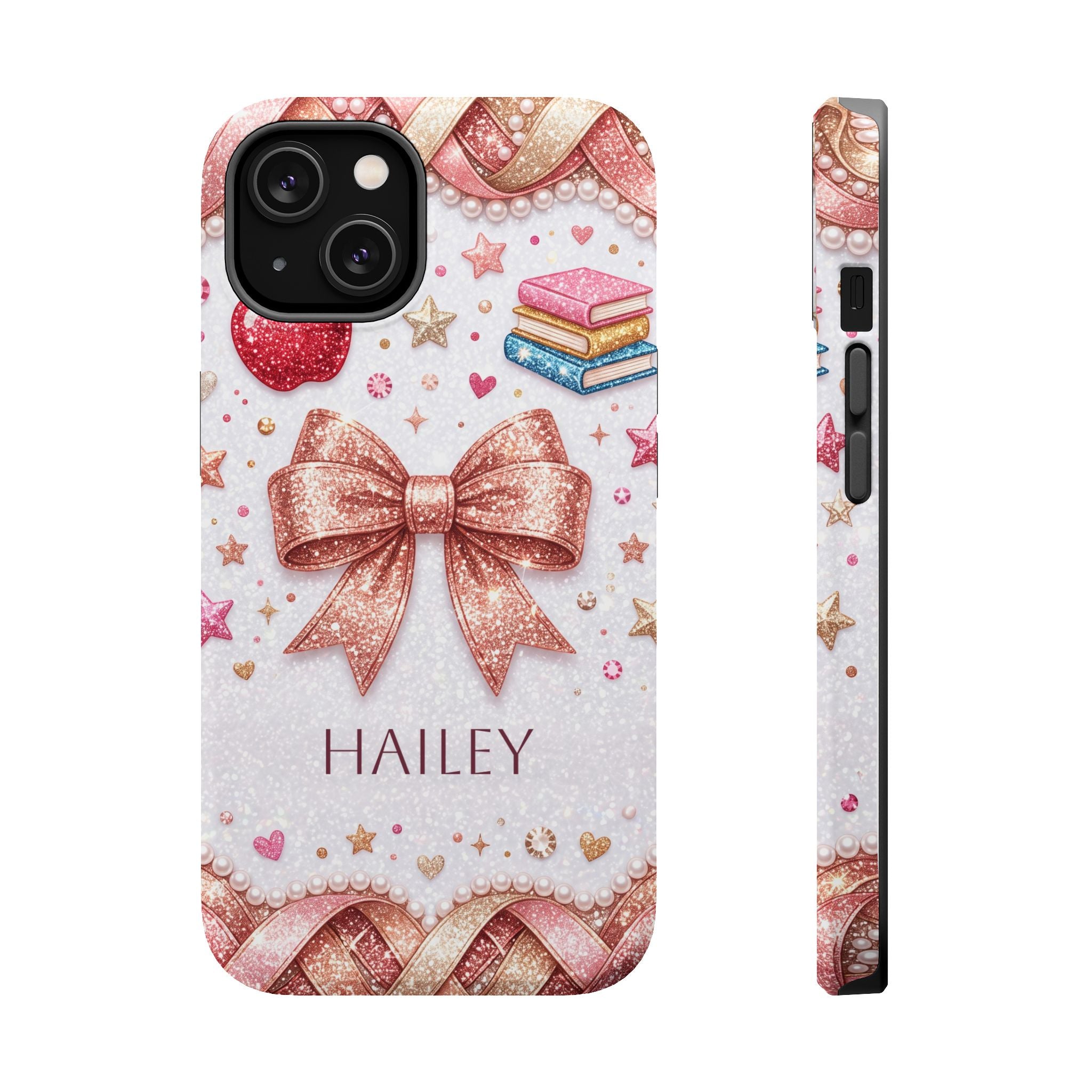 Rose Gold Glitter Bow Personalized Teacher Phone Case — Wireless Charging Cover