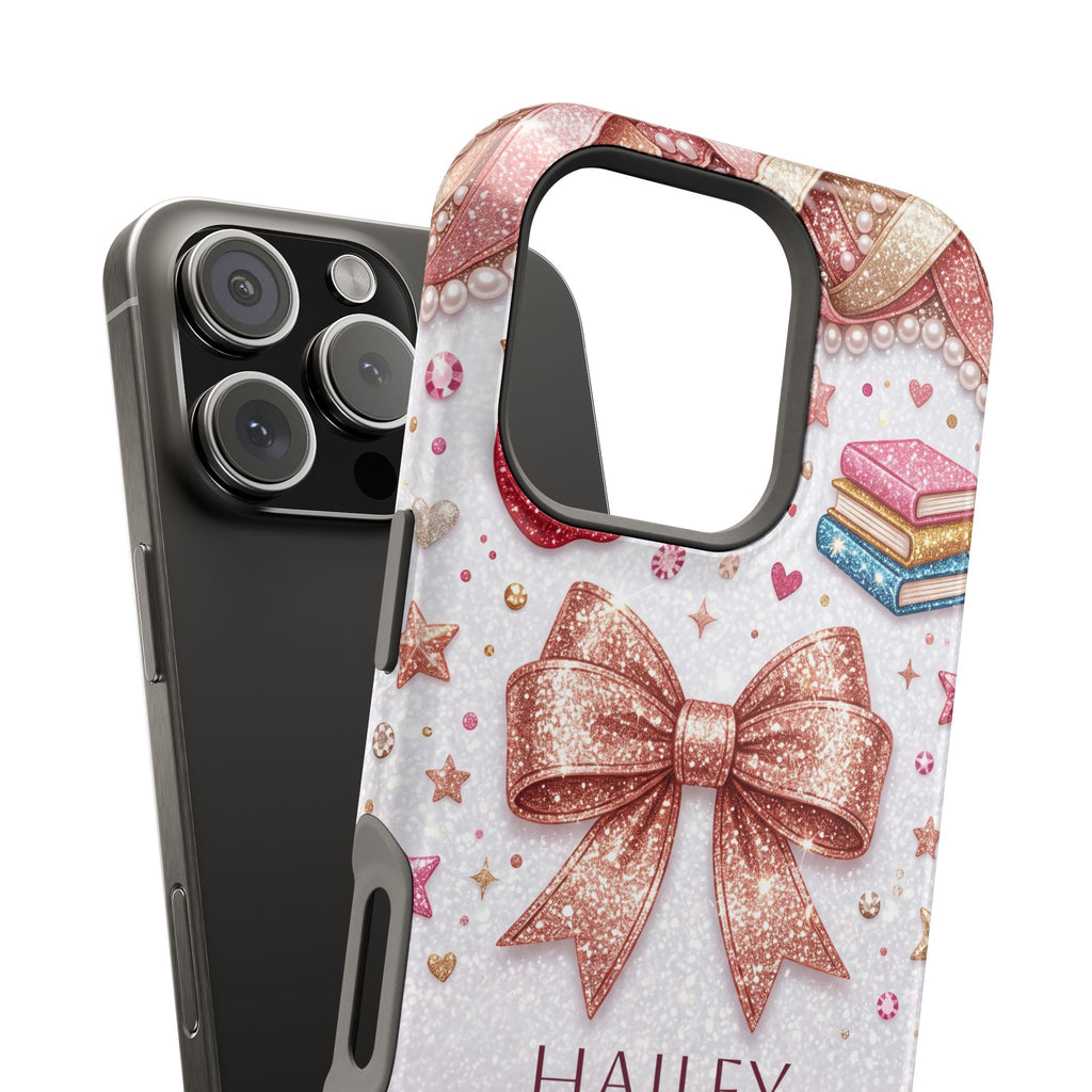 Rose Gold Glitter Bow Personalized Teacher Phone Case — Wireless Charging Cover