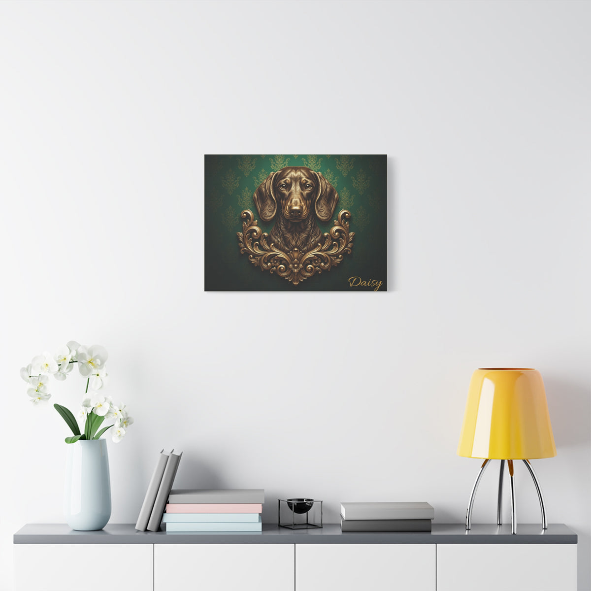 Dachshund Personalized Canvas | Emerald Baroque Gold Wall Art