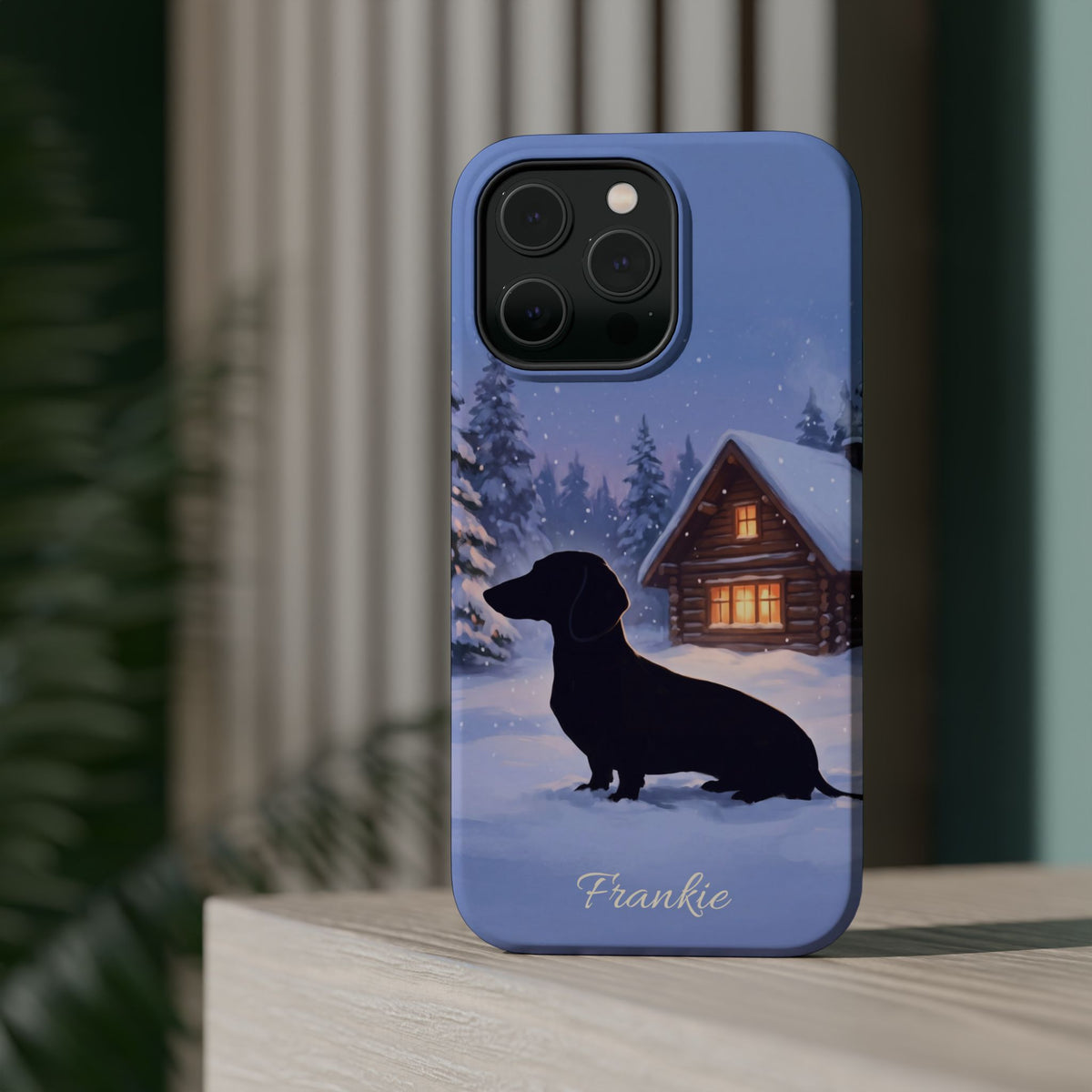 Personalized Dachshund Winter Cabin Phone Case — Wireless Charging Cover
