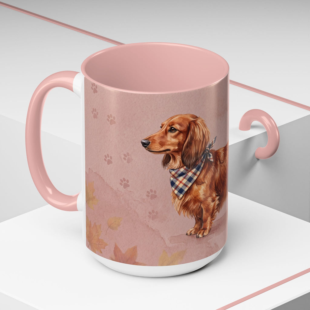 Dachshund Lover Mug | Long-Haired Wiener Dog with Plaid Bandana, Dusty Rose Watercolor Dog Gift