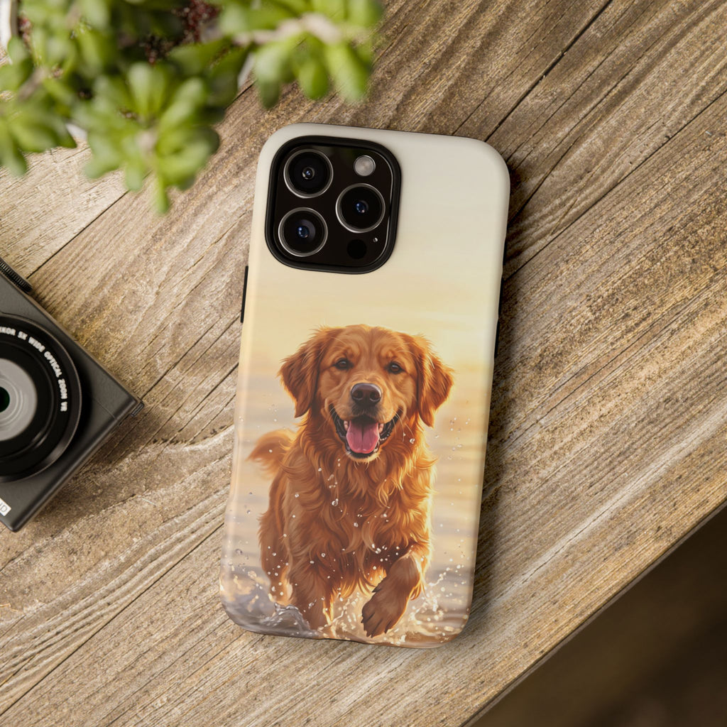 Golden Retriever Splashing in Water Phone Case | Joyful Dog at Golden Hour | iPhone & Samsung