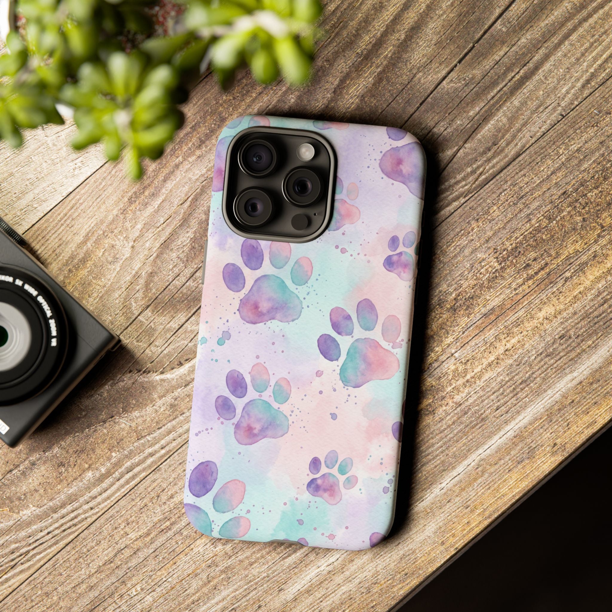 Watercolor Paw Print Phone Case | Pastel Purple, Teal & Pink Artistic Pattern | Samsung & iPhone