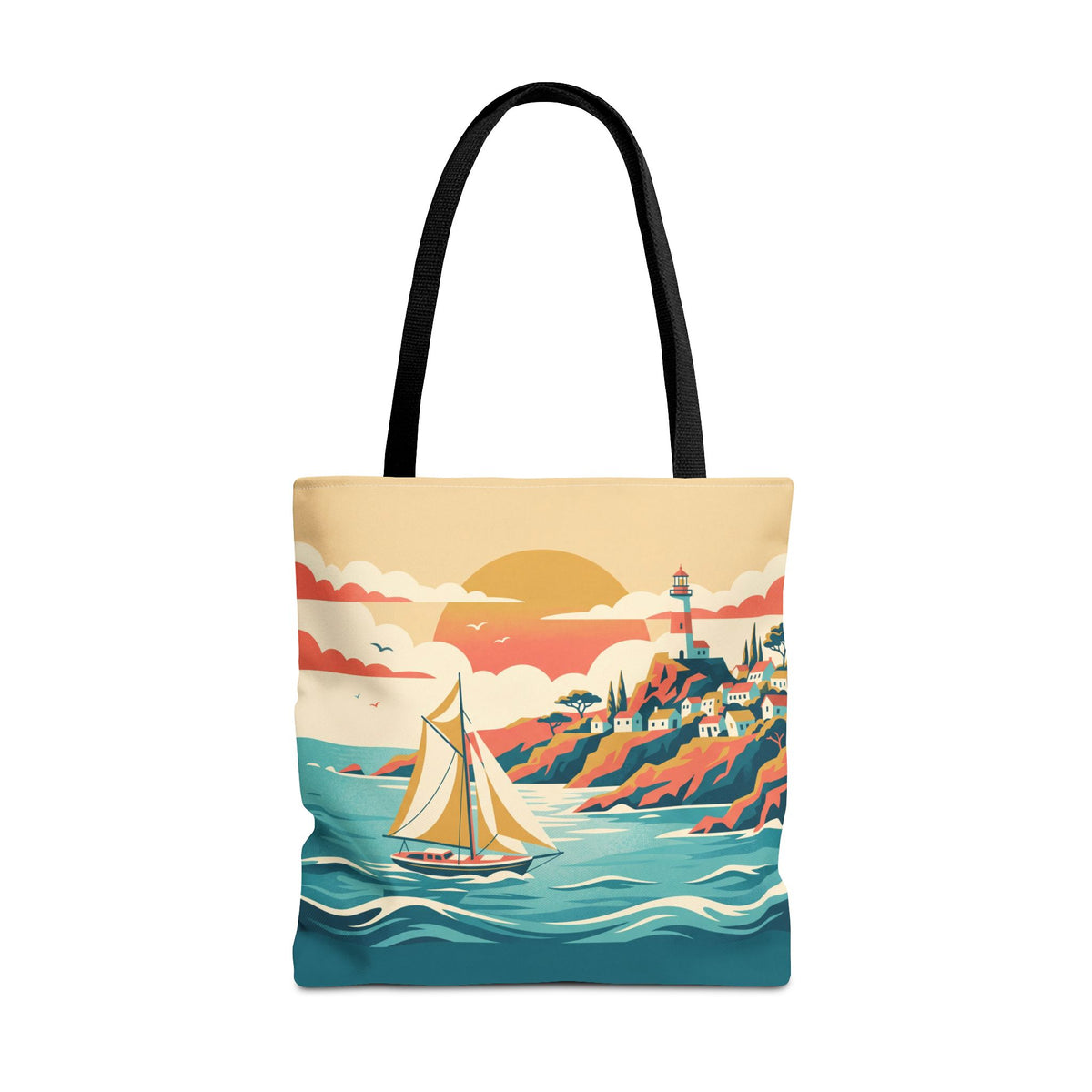 Coastal Lighthouse Sailboat Tote Bag – Retro Seaside Sunset Beach Bag