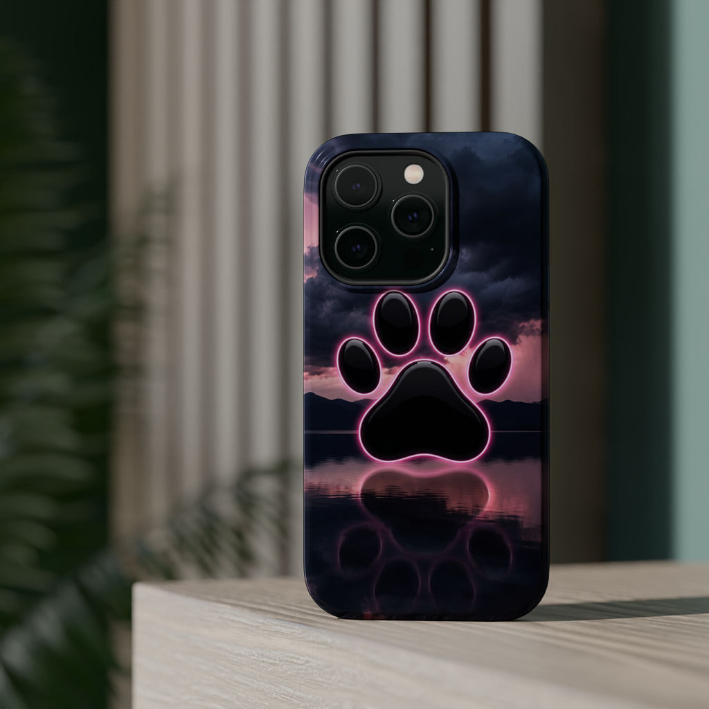Neon Paw Print Phone Case — Impact-Resistant Wireless Charging Cover