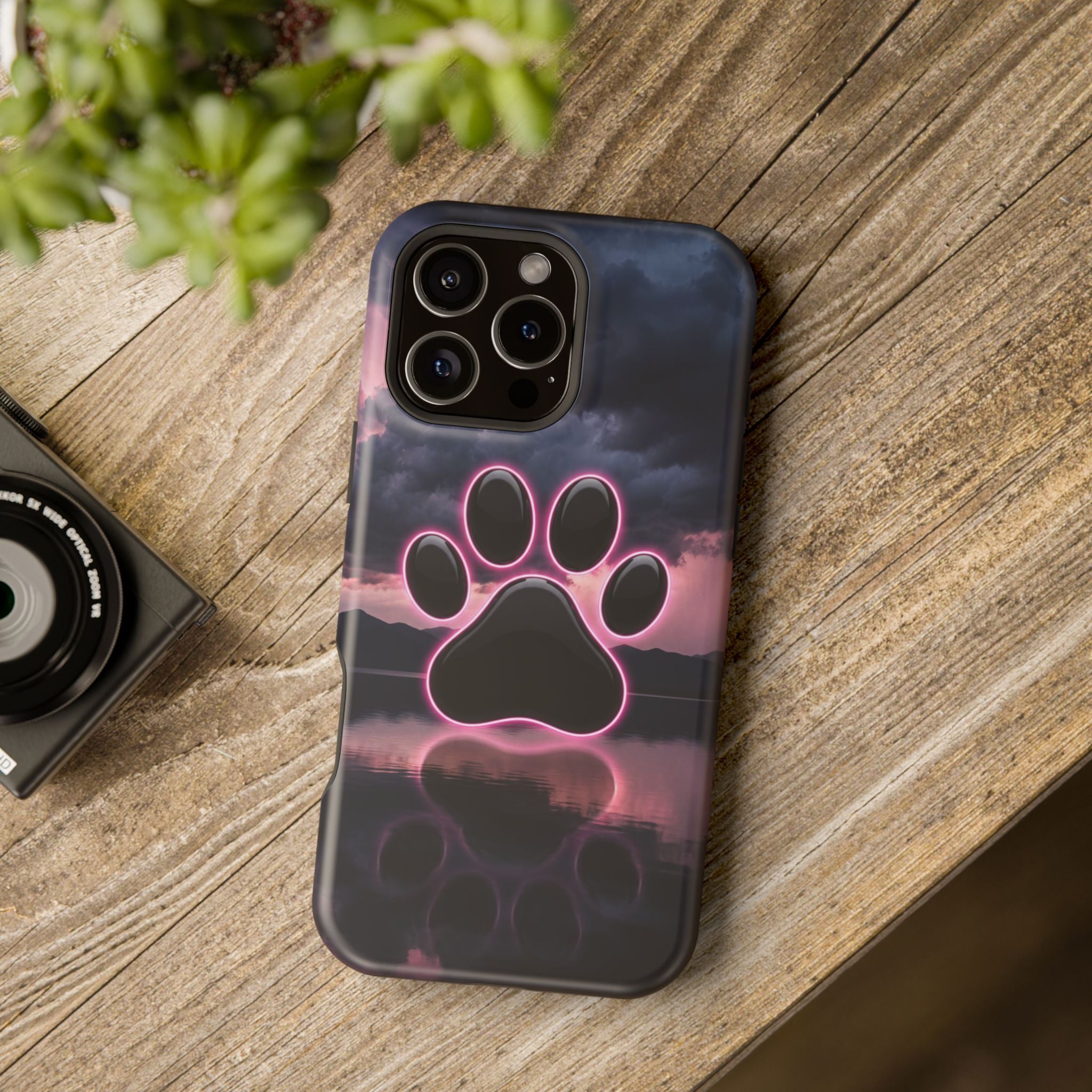 Neon Paw Print Phone Case — Impact-Resistant Wireless Charging Cover