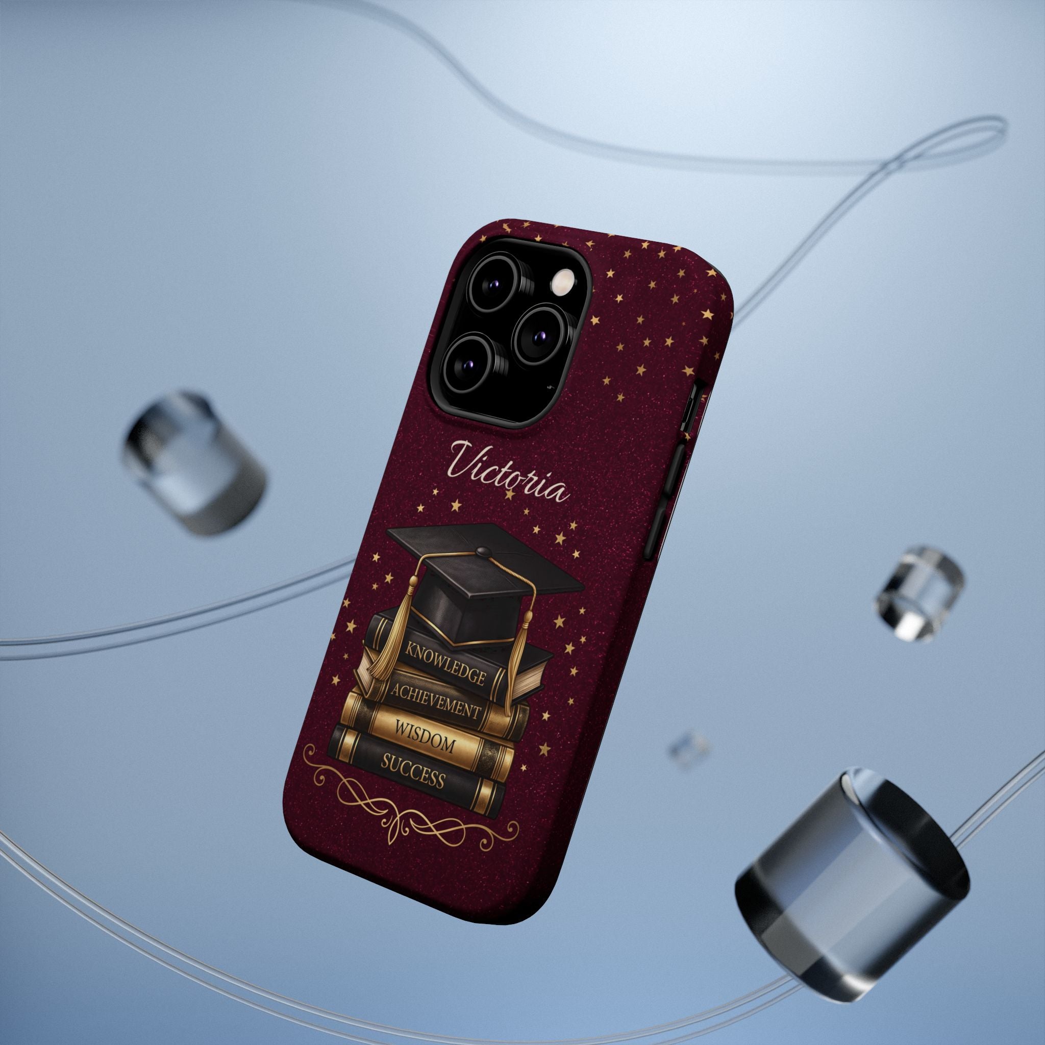 Graduation Cap & Books Personalized Teacher Phone Case — Wireless Charging Cover