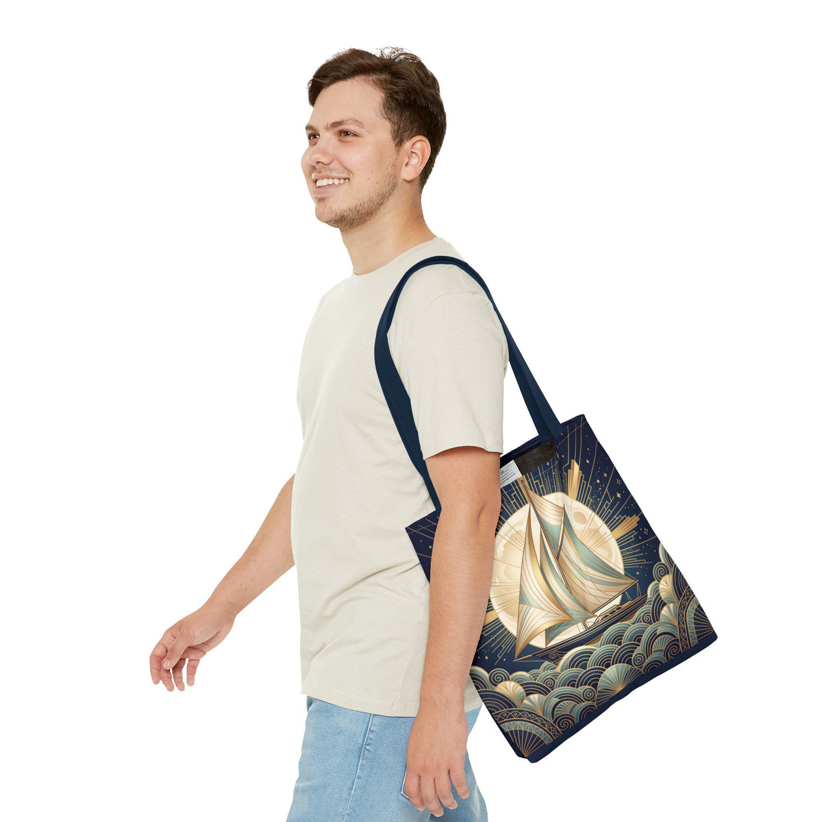 Art Deco Moonlit Sailboat Tote Bag – Starry Night Nautical Beach Bag