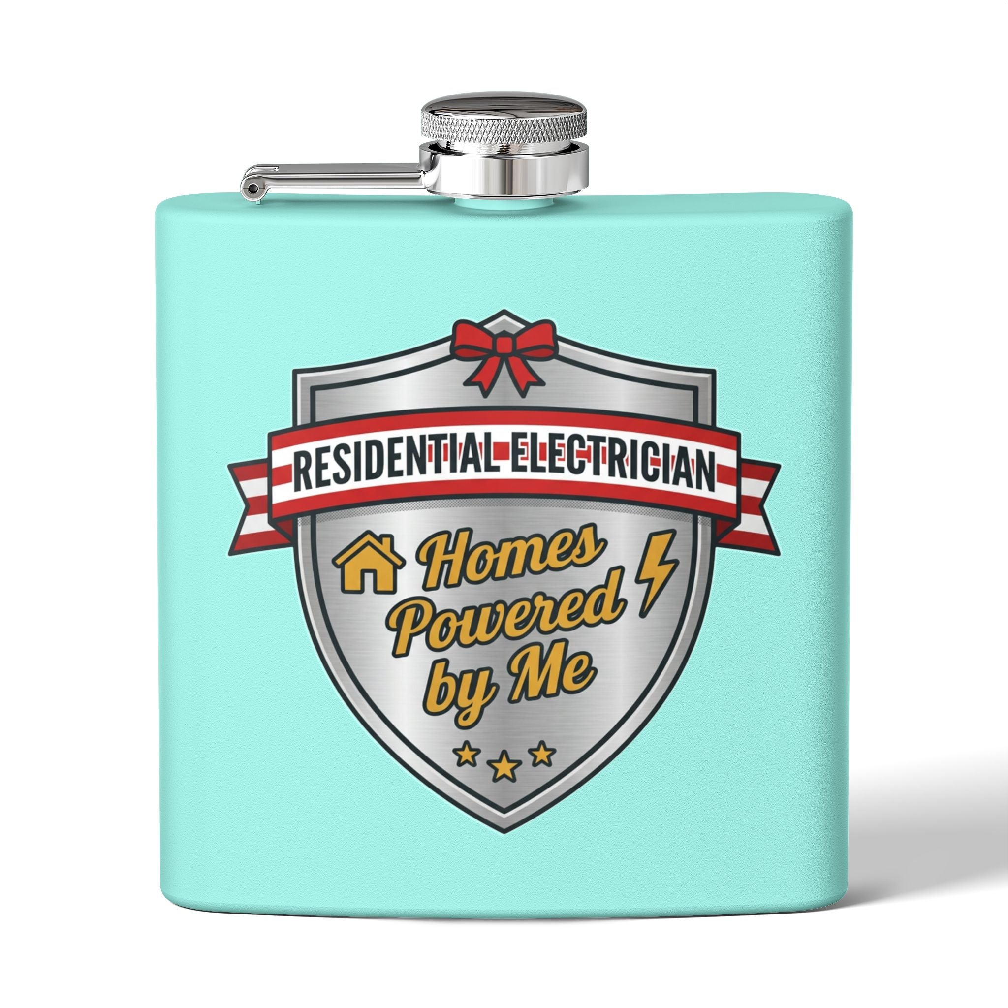 Flask — "Residential Electrician: Homes Powered by Me" (Shield Badge) 6oz Stainless Steel Hip Flask