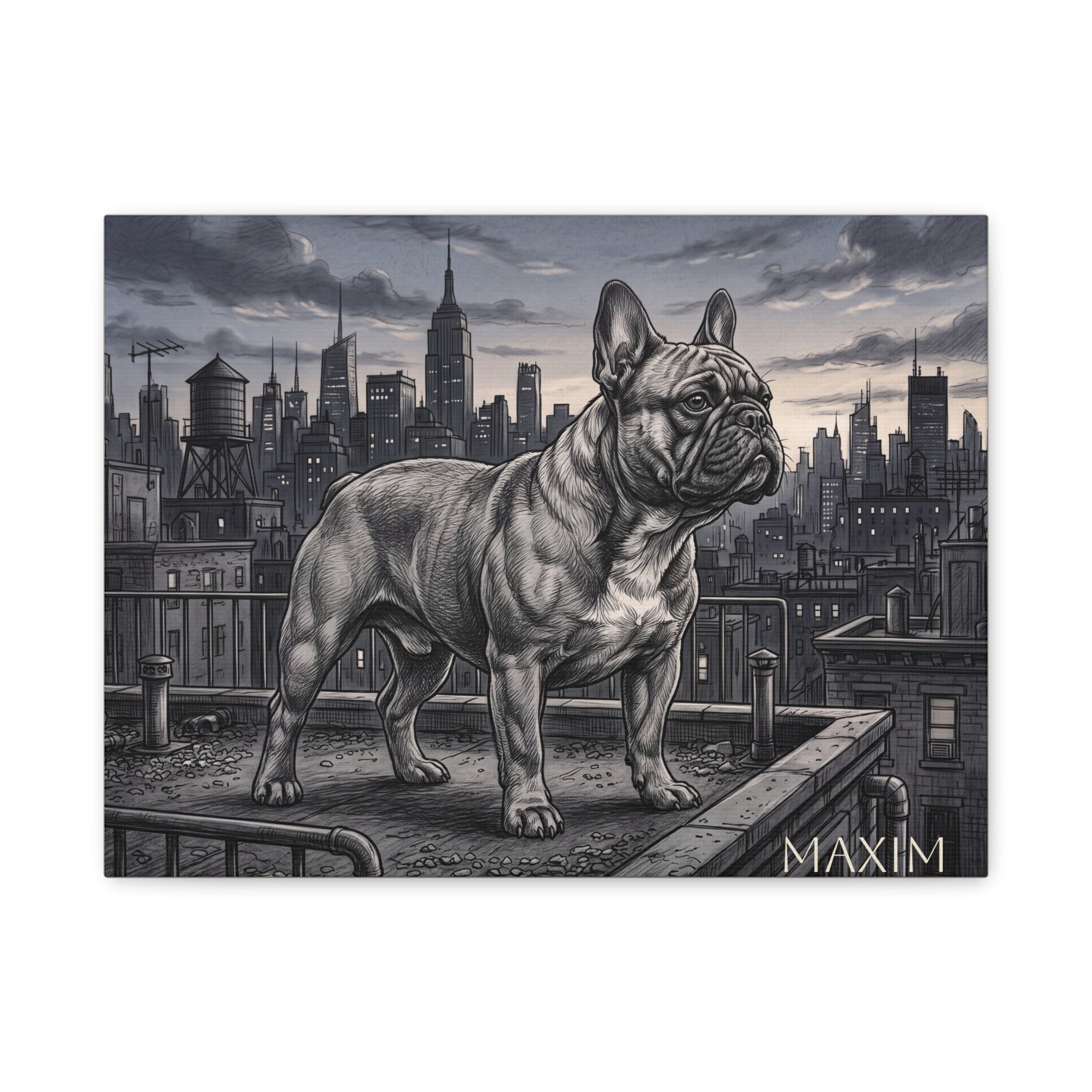 French Bulldog City Rooftop Sketch Personalized Canvas | Urban Skyline Wall Art