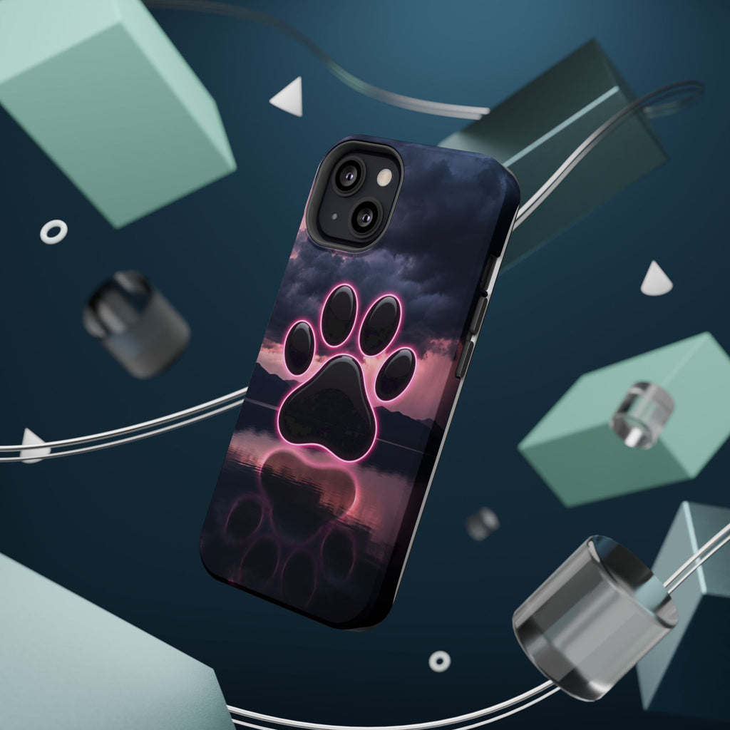 Neon Paw Print Phone Case — Impact-Resistant Wireless Charging Cover