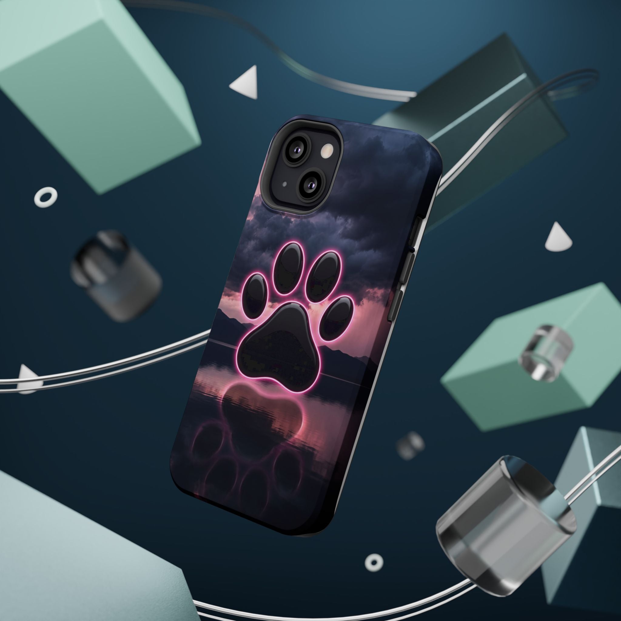 Neon Paw Print Phone Case — Impact-Resistant Wireless Charging Cover
