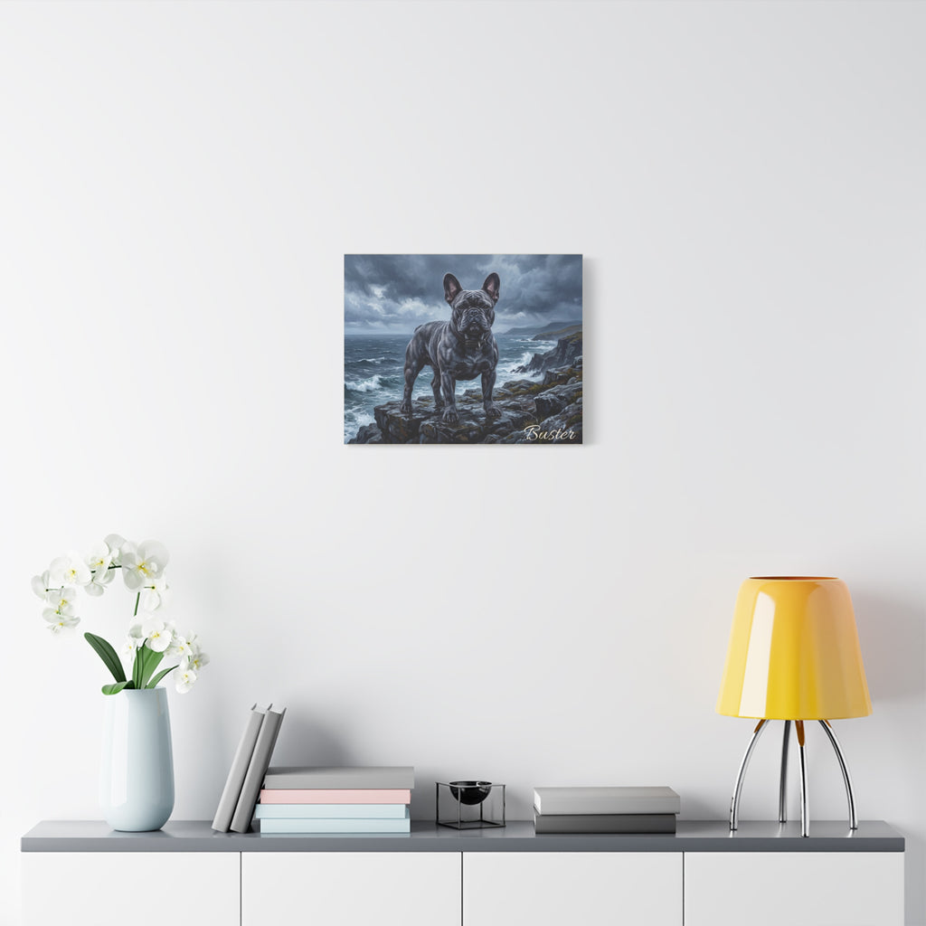 French Bulldog Personalized Canvas | Blue Frenchie Stormy Coastal Cliff Wall Art