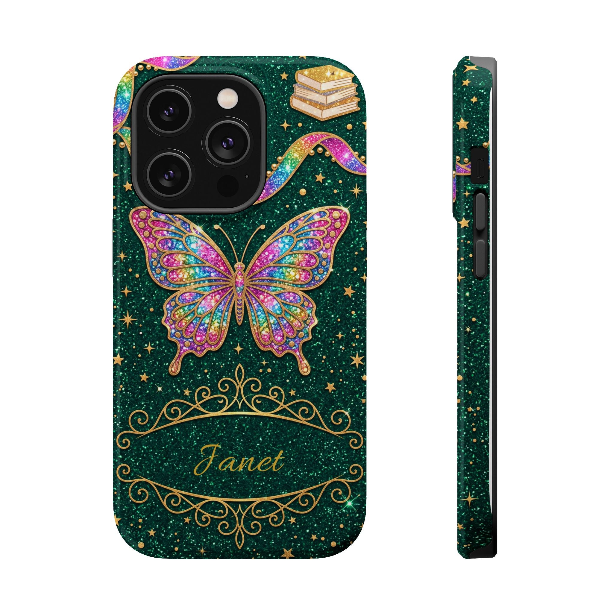 Rainbow Glitter Butterfly Personalized Teacher Phone Case — Wireless Charging Cover