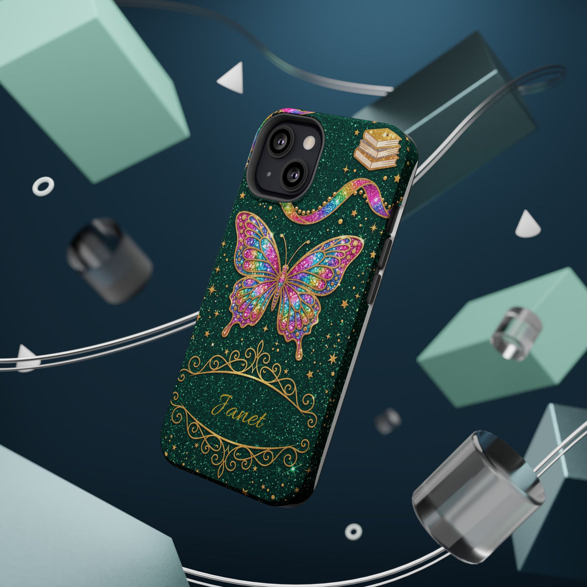 Rainbow Glitter Butterfly Personalized Teacher Phone Case — Wireless Charging Cover
