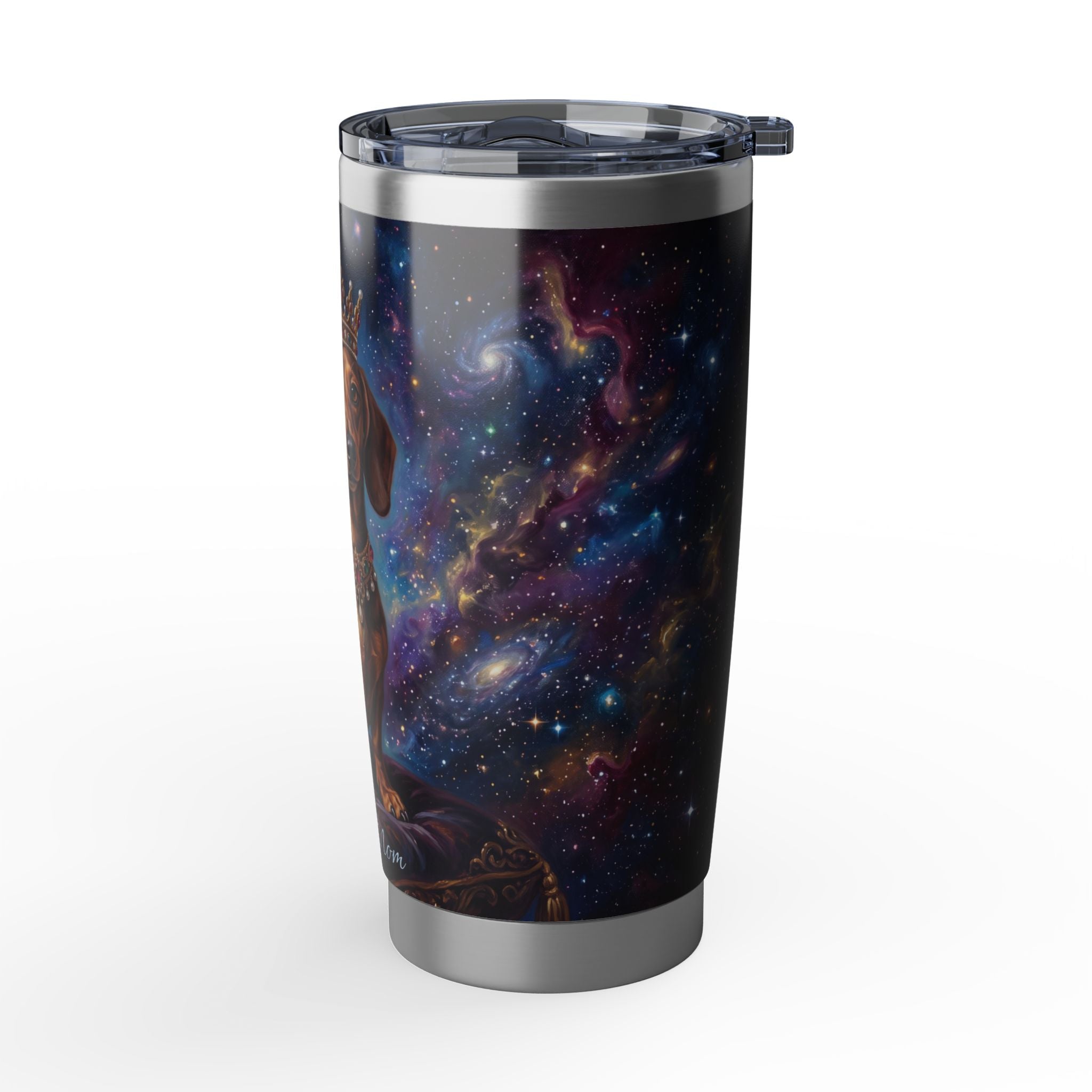 Dachshund King Stainless Tumbler — 20oz Personalized Travel Mug with Crowned Dog Purple Galaxy Design