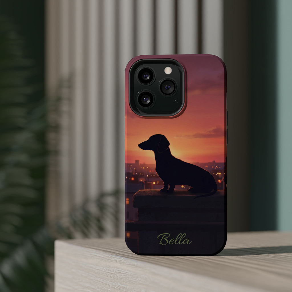 Personalized Dachshund Rooftop Sunset Phone Case — Wireless Charging Cover