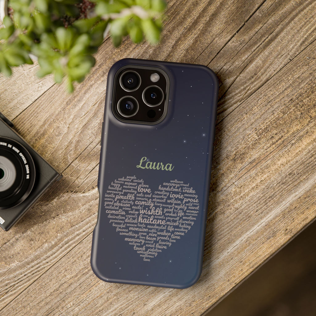 Personalized Teacher Heart Word Art Phone Case — Navy Wireless Charging Cover