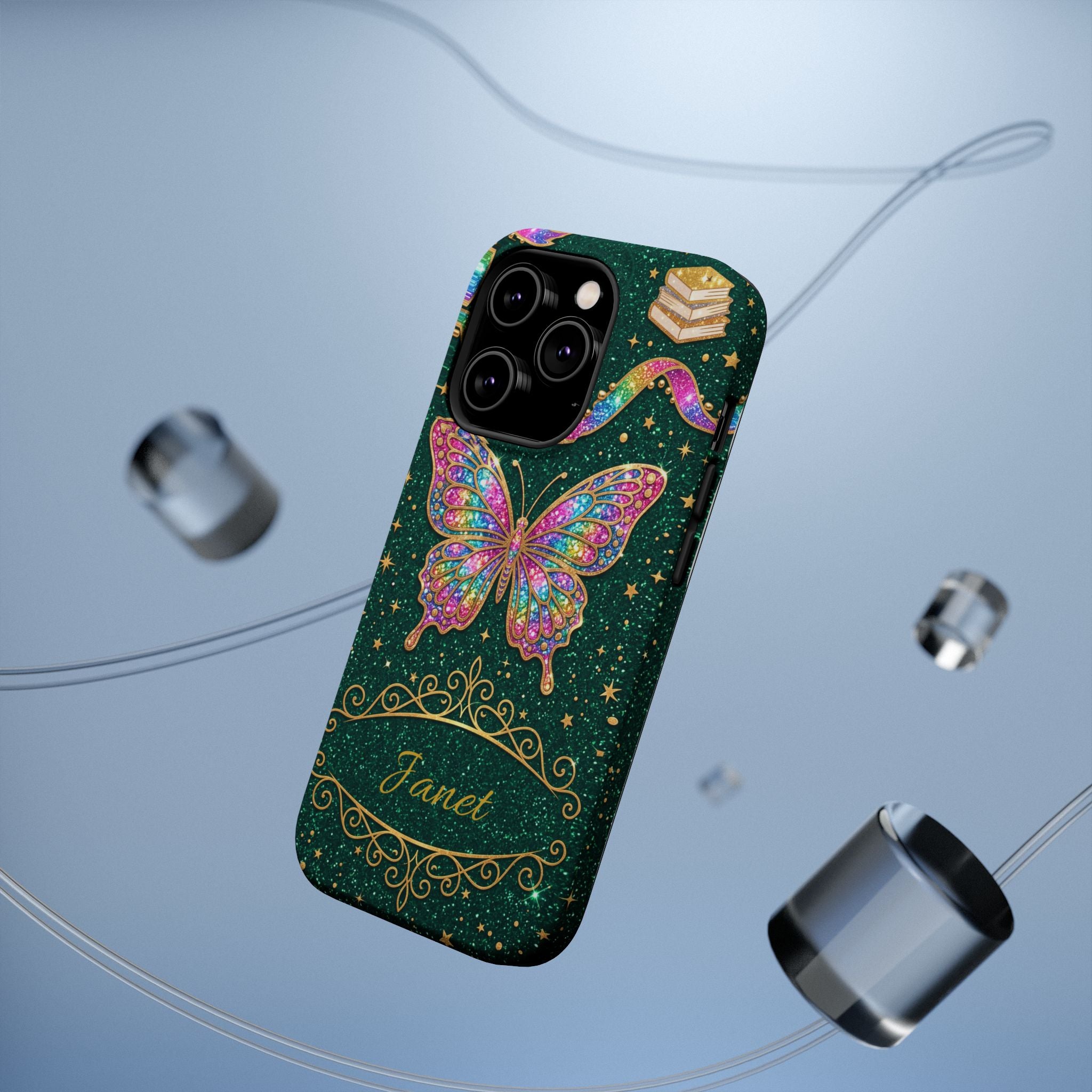 Rainbow Glitter Butterfly Personalized Teacher Phone Case — Wireless Charging Cover