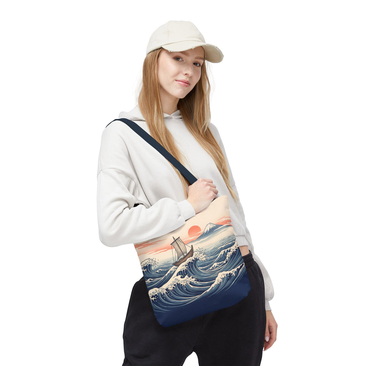 Japanese Wave Sailboat Tote Bag – Woodblock Style Ocean Beach Bag
