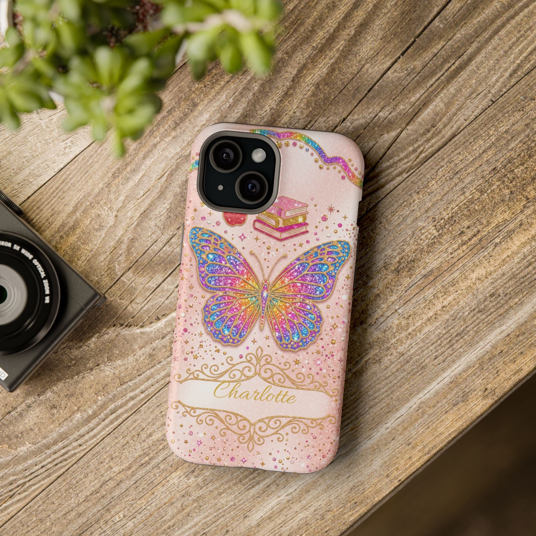 Blush Glitter Butterfly Personalized Teacher Phone Case — Wireless Charging Cover