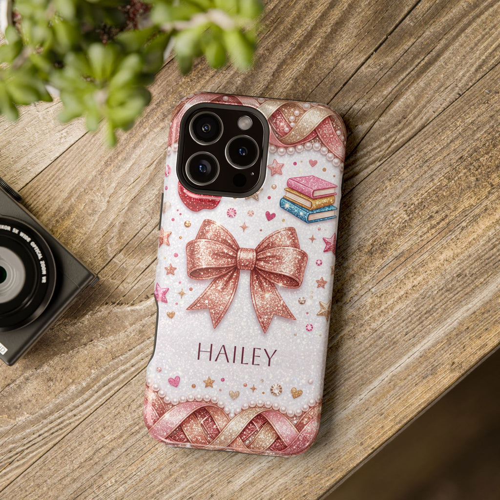 Rose Gold Glitter Bow Personalized Teacher Phone Case — Wireless Charging Cover