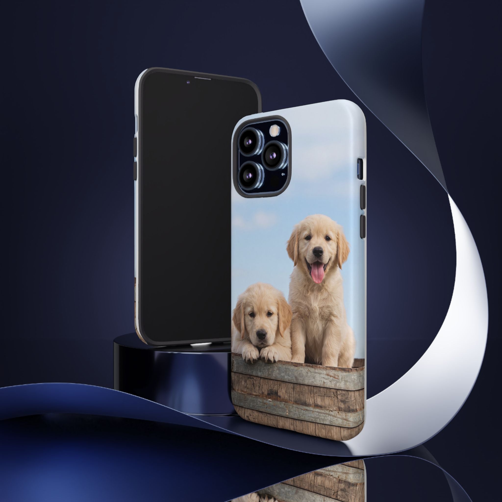 Golden Retriever Puppies on Barrel Phone Case | Cute Duo Under Blue Sky | iPhone & Samsung