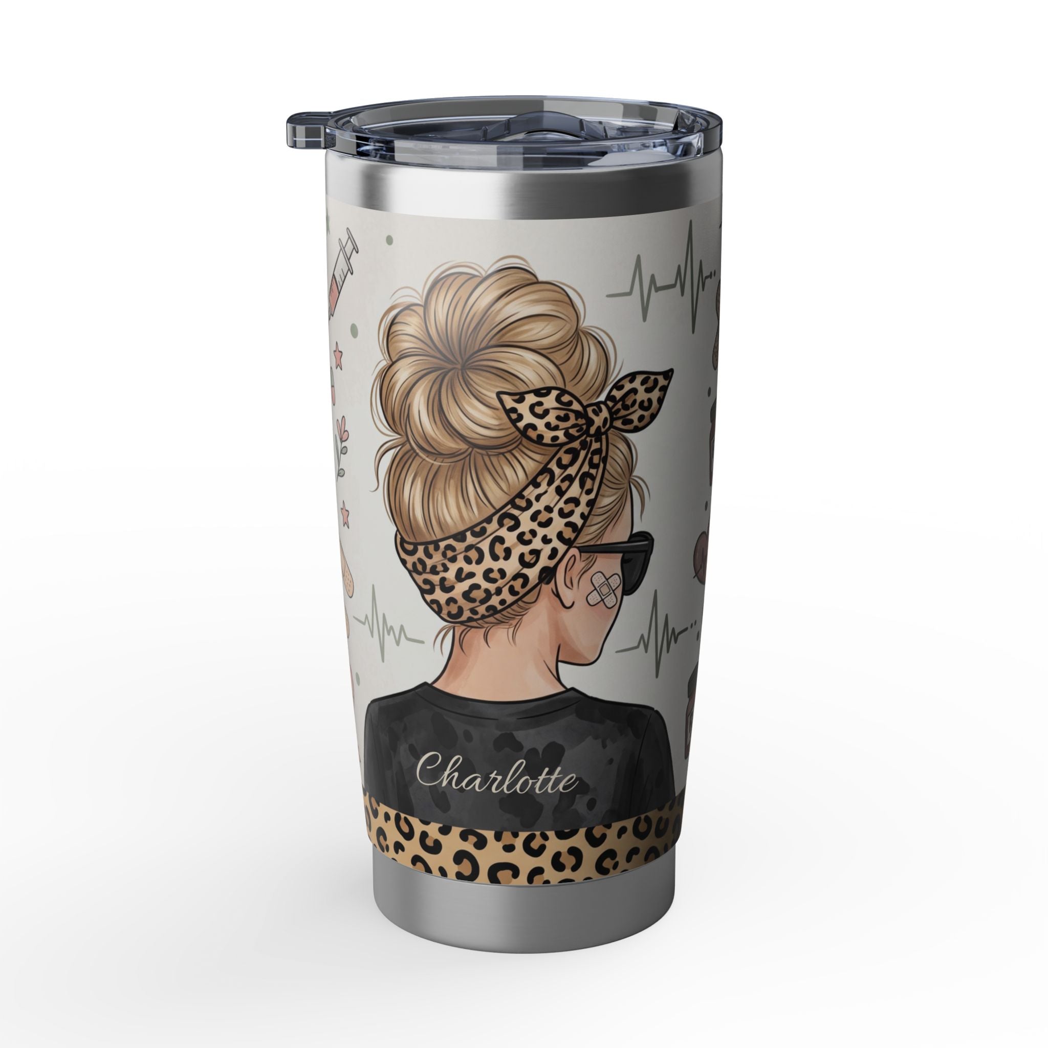 Personalized Leopard Bandana Nurse Tumbler – Custom Name Black Scrubs 20 oz