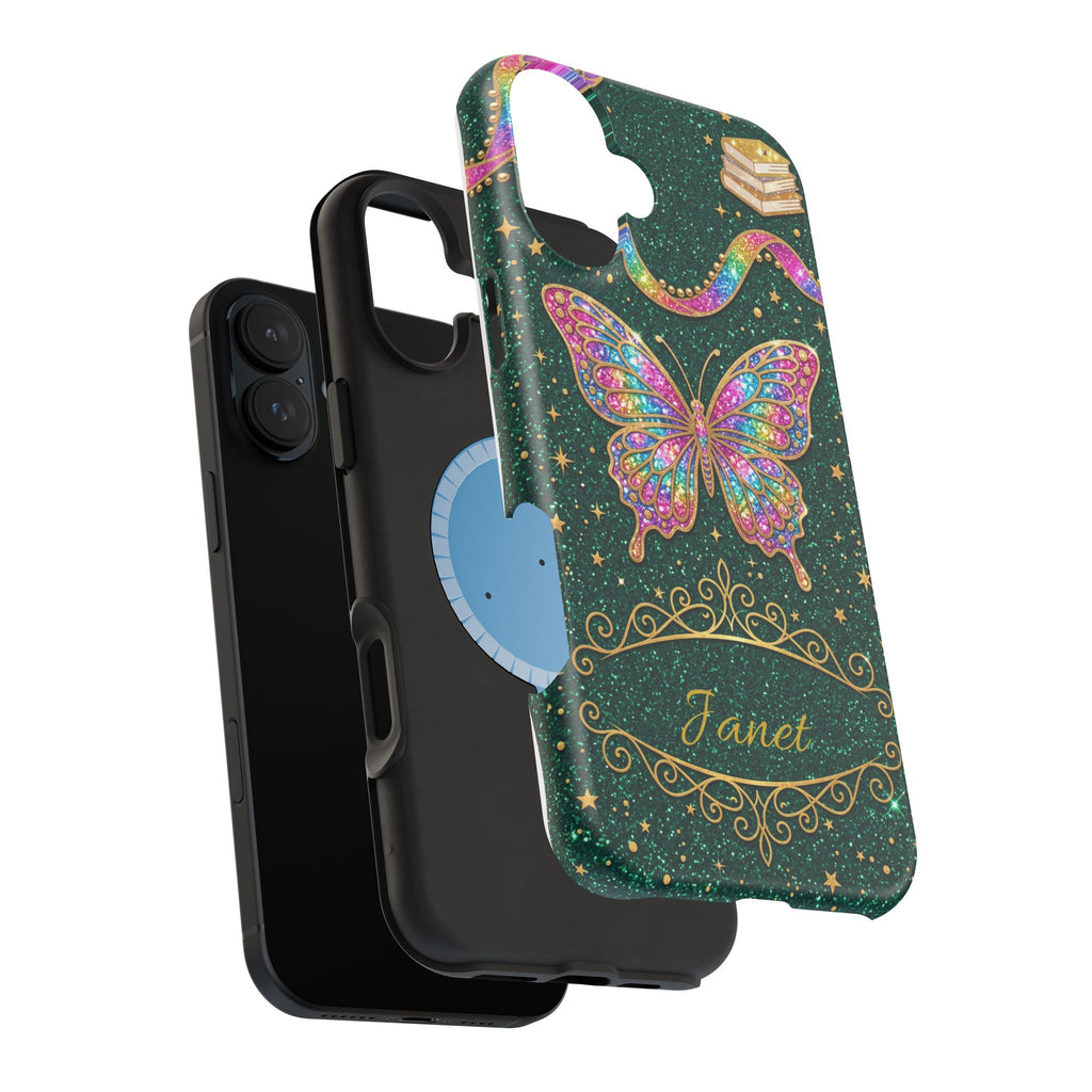 Rainbow Glitter Butterfly Personalized Teacher Phone Case — Wireless Charging Cover