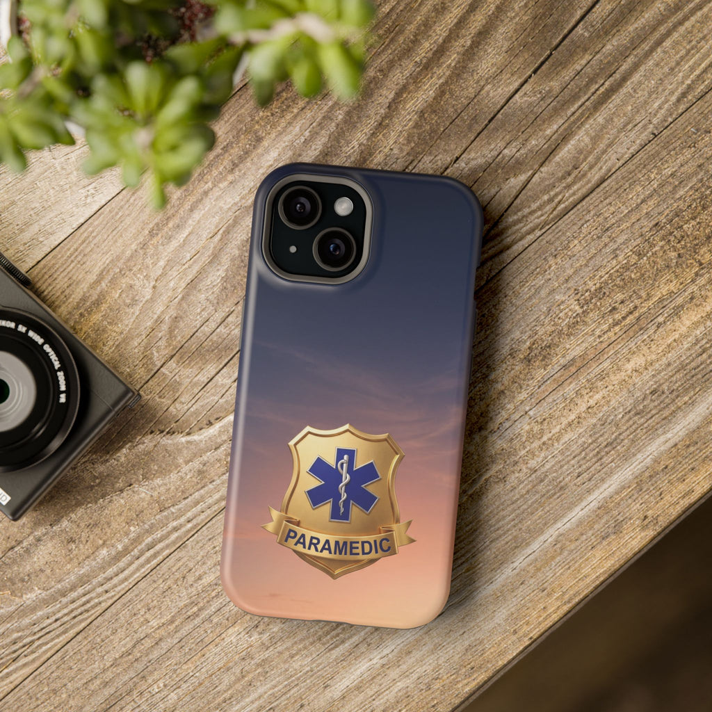 Gold Paramedic Badge Sunset Sky Phone Case — Magnetic Wireless Charging Cover
