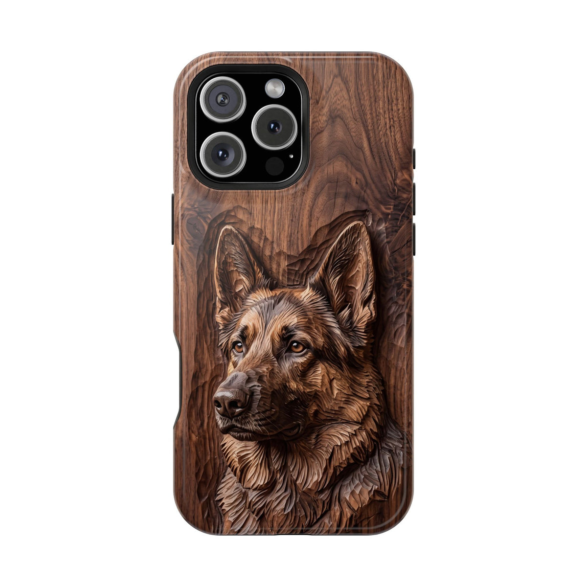 German Shepherd Phone Case | Carved Walnut Art — Tough Magnetic Case with Wireless Charging