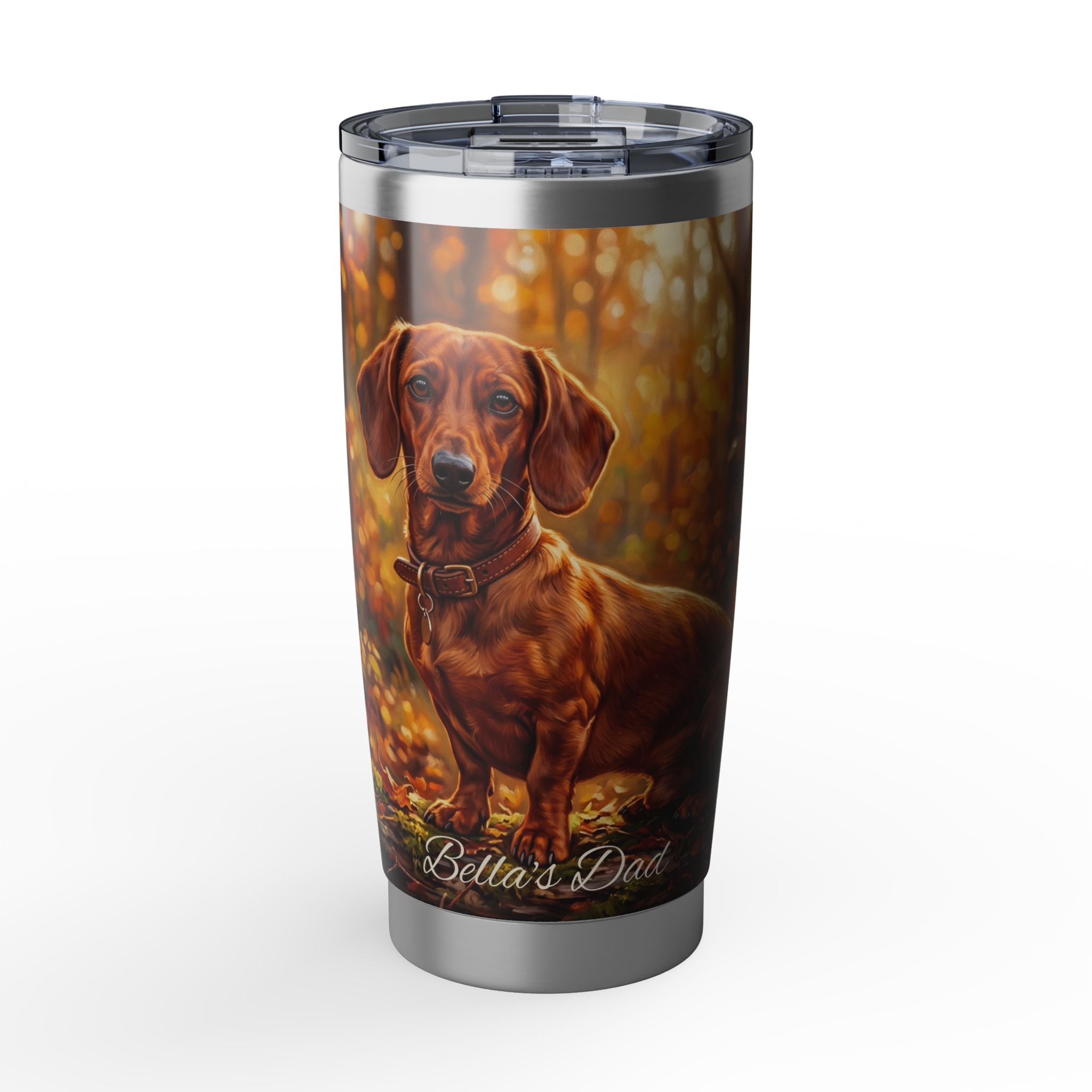 Dachshund Autumn Portrait Stainless Tumbler — 20 oz Personalized Travel Mug with Golden Forest Design