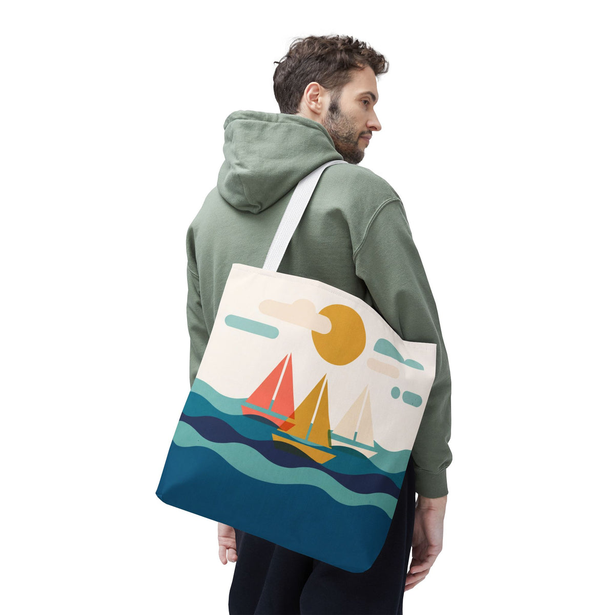 Minimalist Sailboat Tote Bag – Mid-Century Modern Ocean Waves Beach Bag