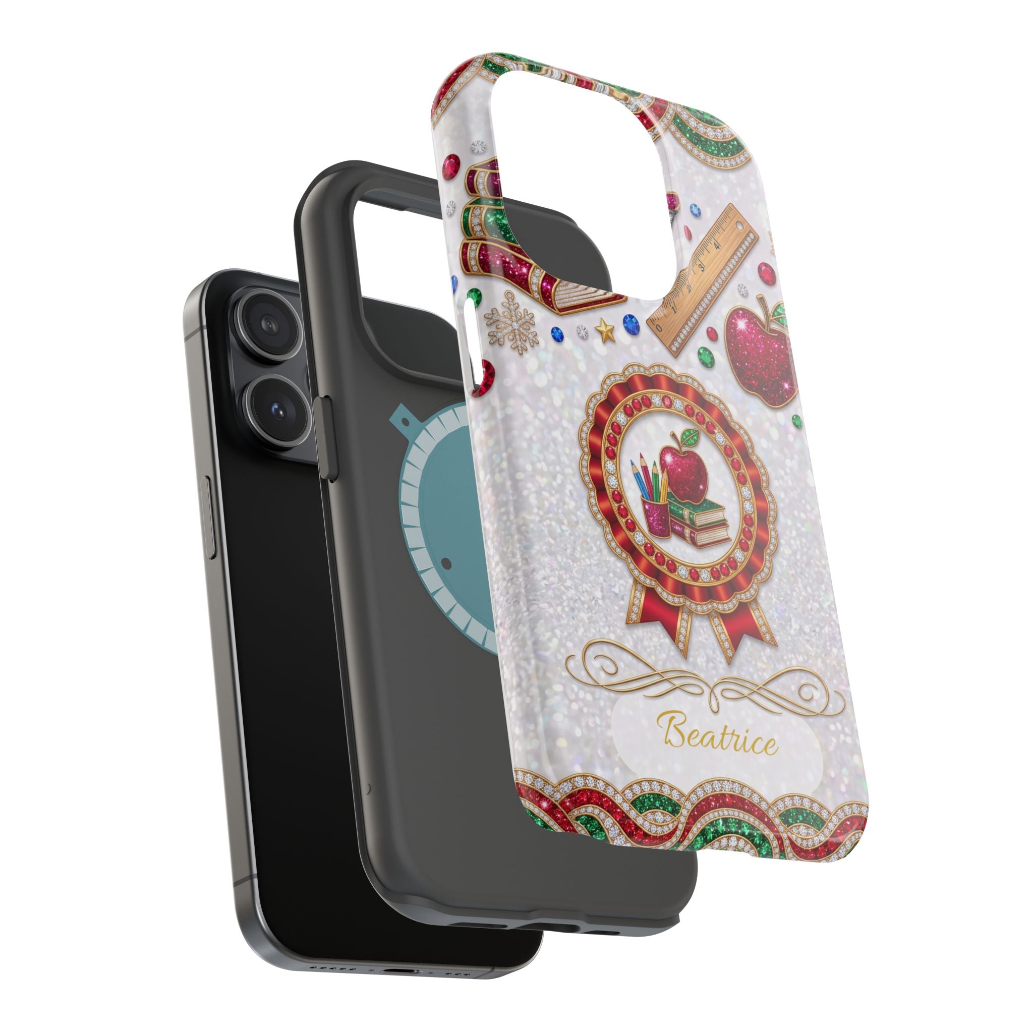 Jeweled Apple Medallion Personalized Teacher Phone Case — Wireless Charging Cover