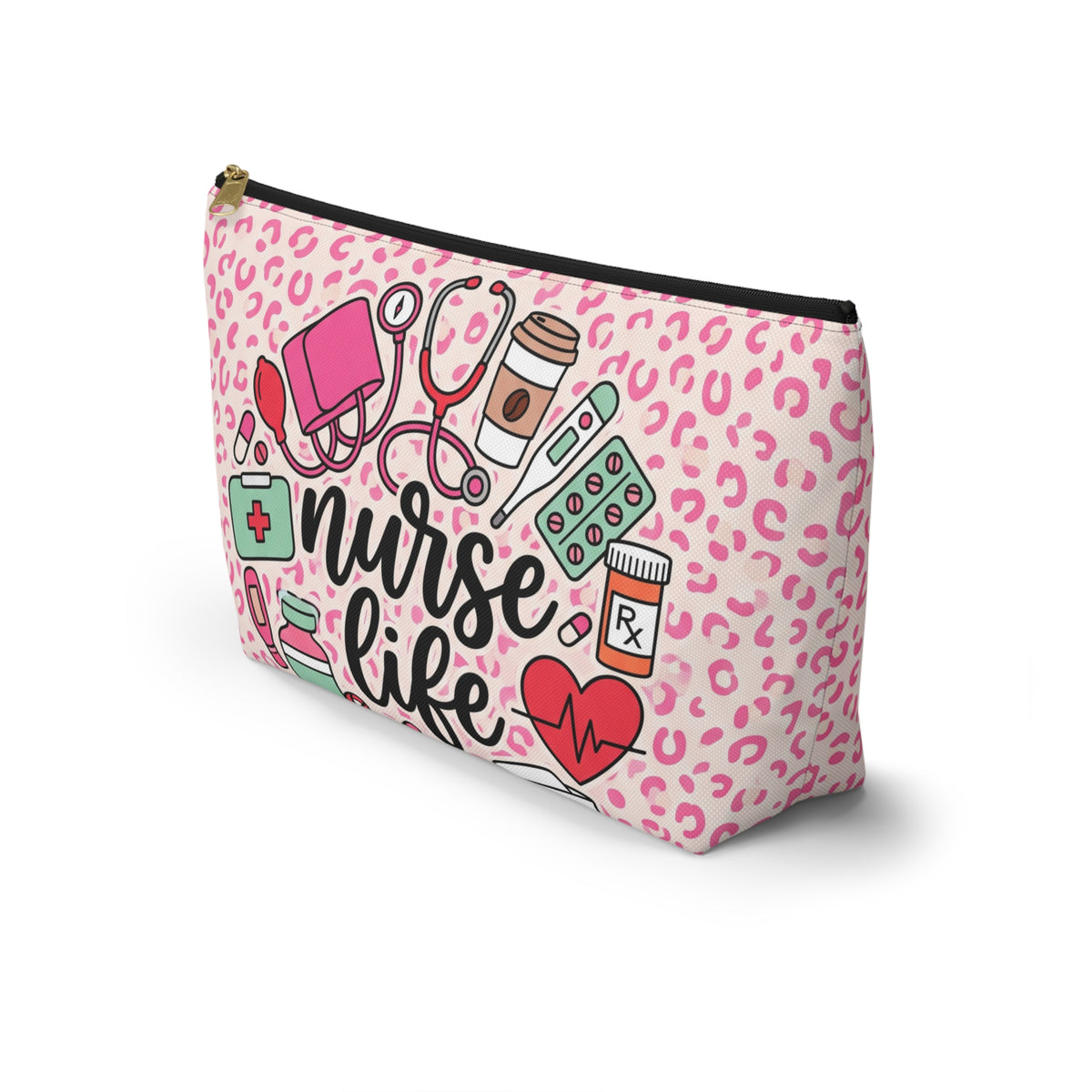 Nurse Life Pink Leopard Accessory Pouch — T-Bottom Zipper Bag