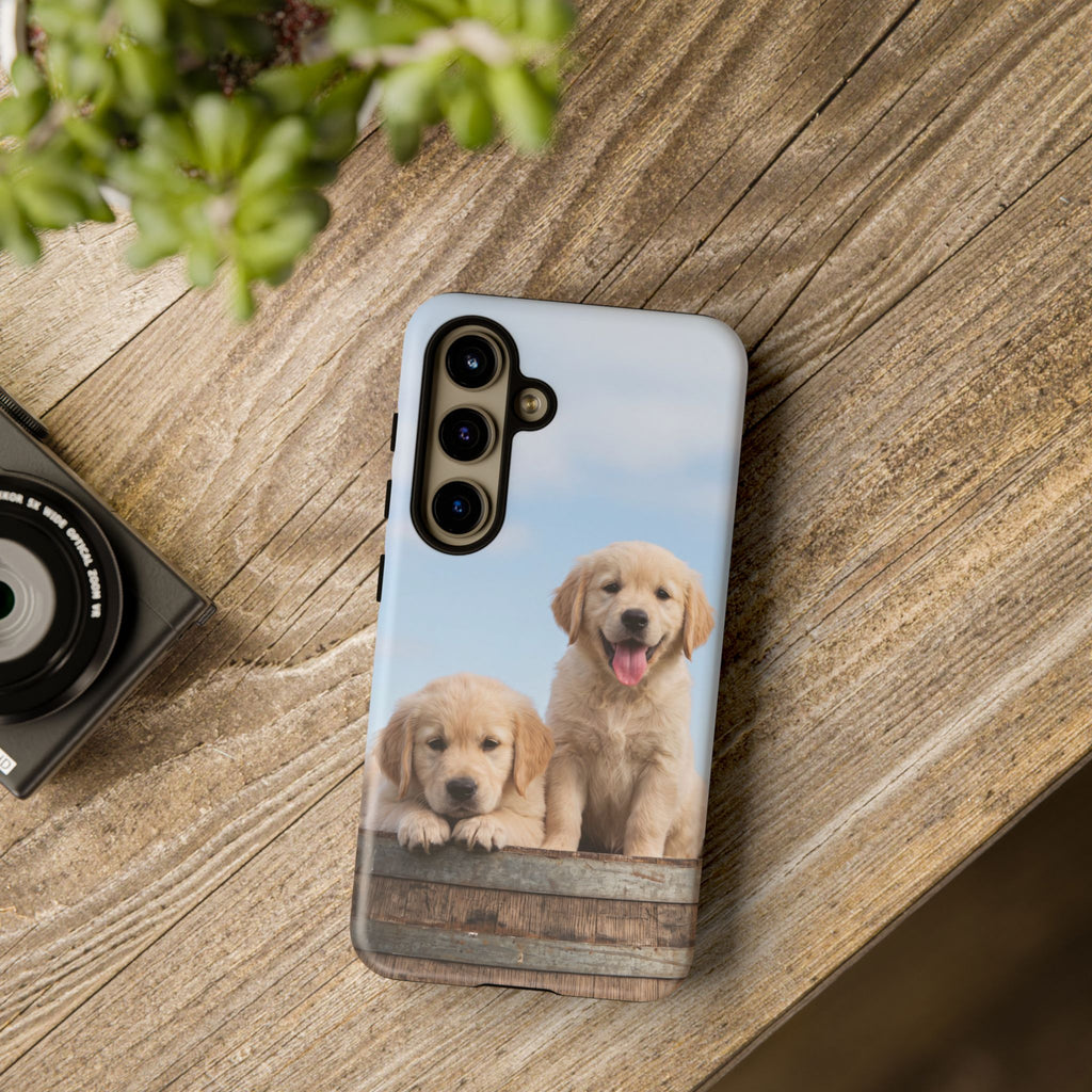 Golden Retriever Puppies on Barrel Phone Case | Cute Duo Under Blue Sky | iPhone & Samsung