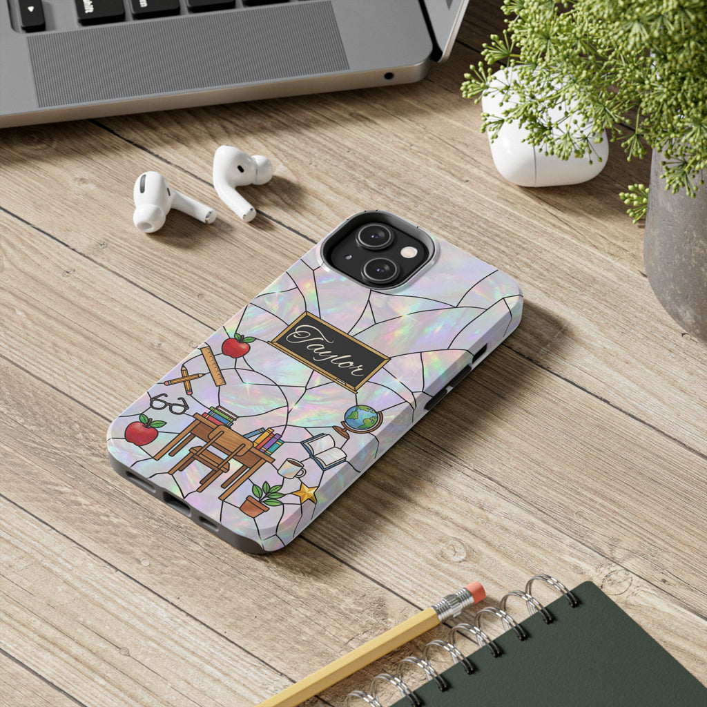 Personalized Teacher Phone Case — Custom Name Stained Glass Classroom Design