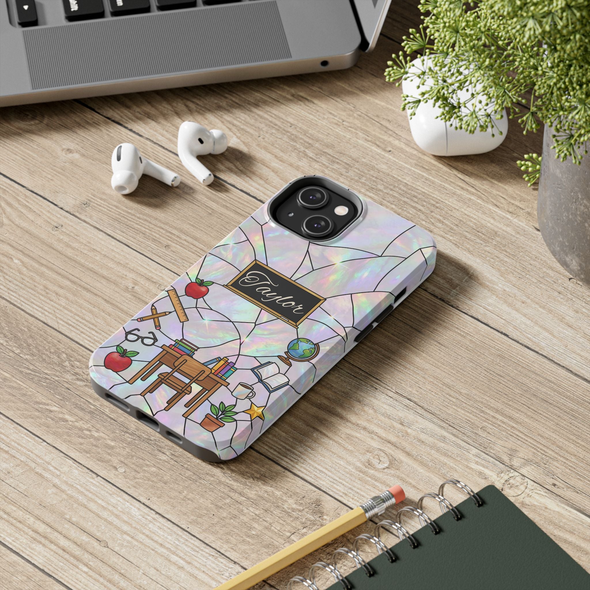 Personalized Teacher Phone Case — Custom Name Stained Glass Classroom Design
