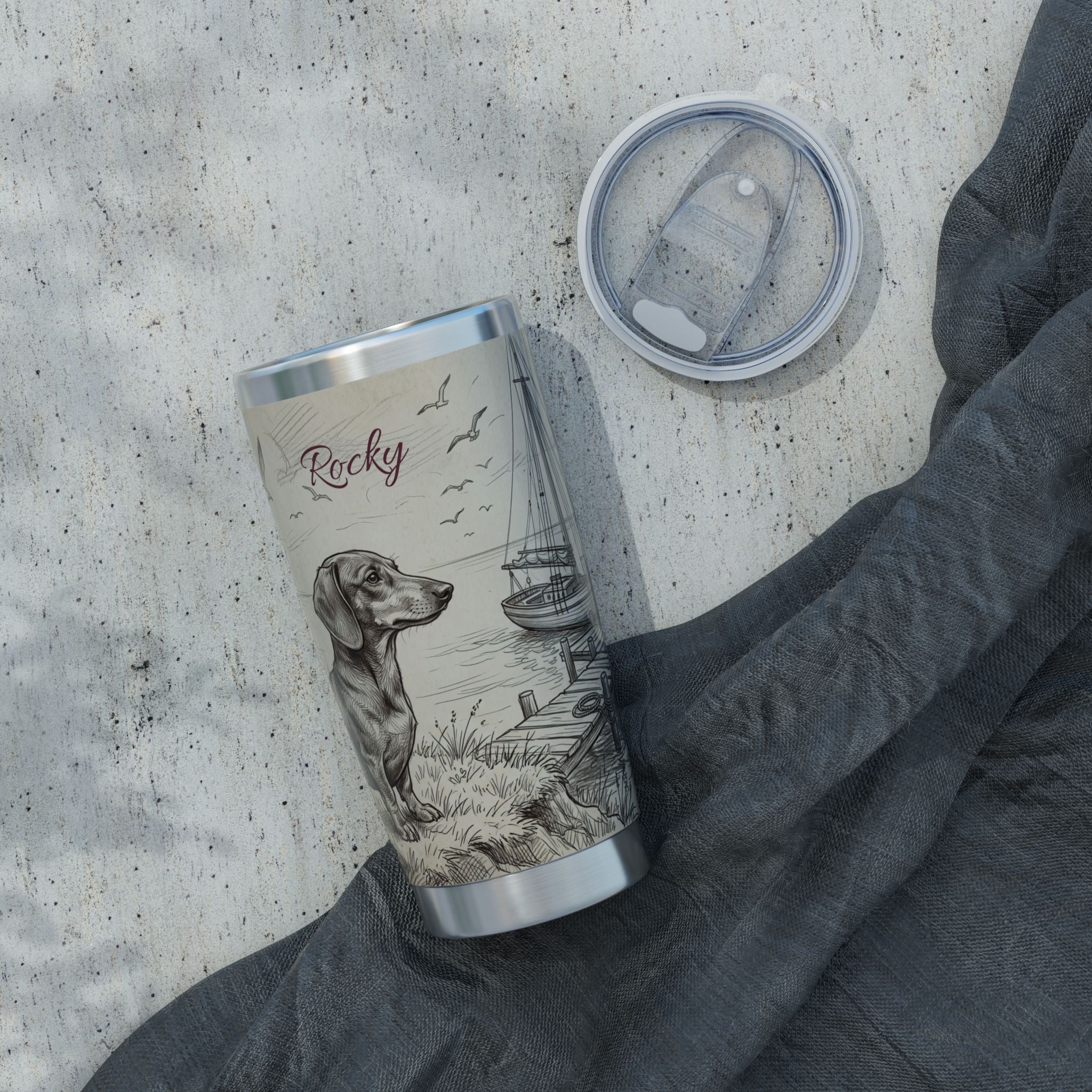 Nautical Dachshund Stainless Tumbler — 20 oz Personalized Travel Mug with Sailboat Harbour Design