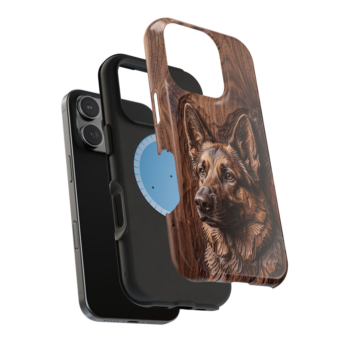 German Shepherd Phone Case | Carved Walnut Art — Tough Magnetic Case with Wireless Charging
