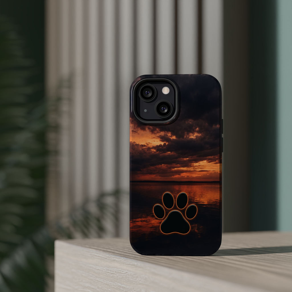 Sunset Paw Print Phone Case — Impact-Resistant Wireless Charging Cover