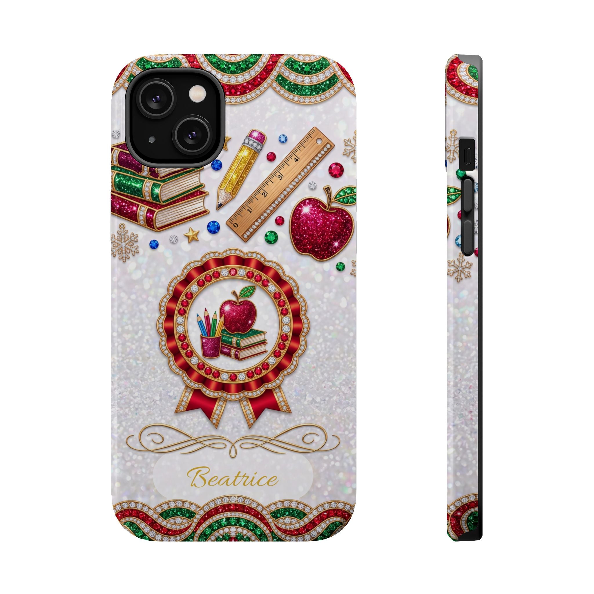 Jeweled Apple Medallion Personalized Teacher Phone Case — Wireless Charging Cover