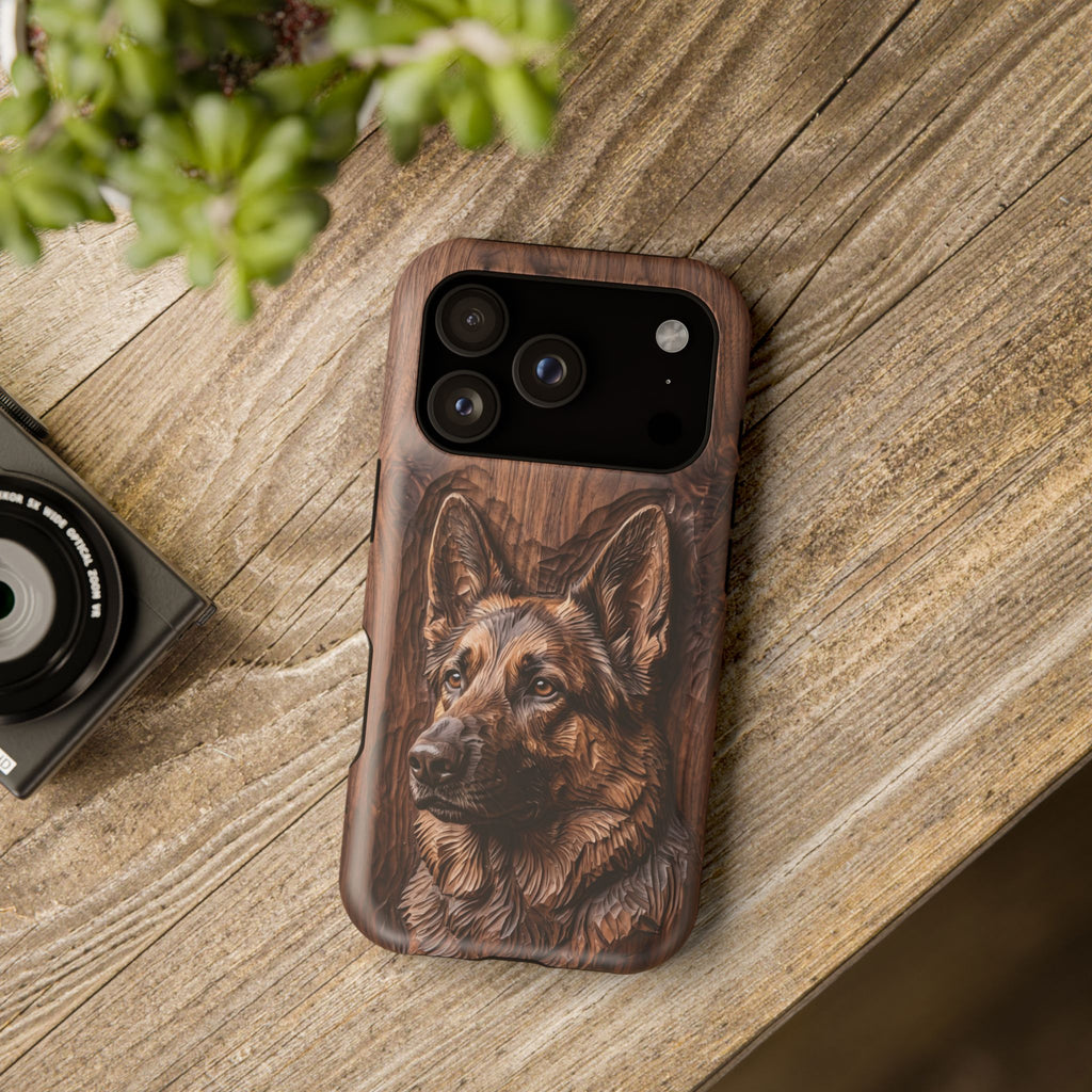 German Shepherd Phone Case | Carved Walnut Art — Tough Magnetic Case with Wireless Charging