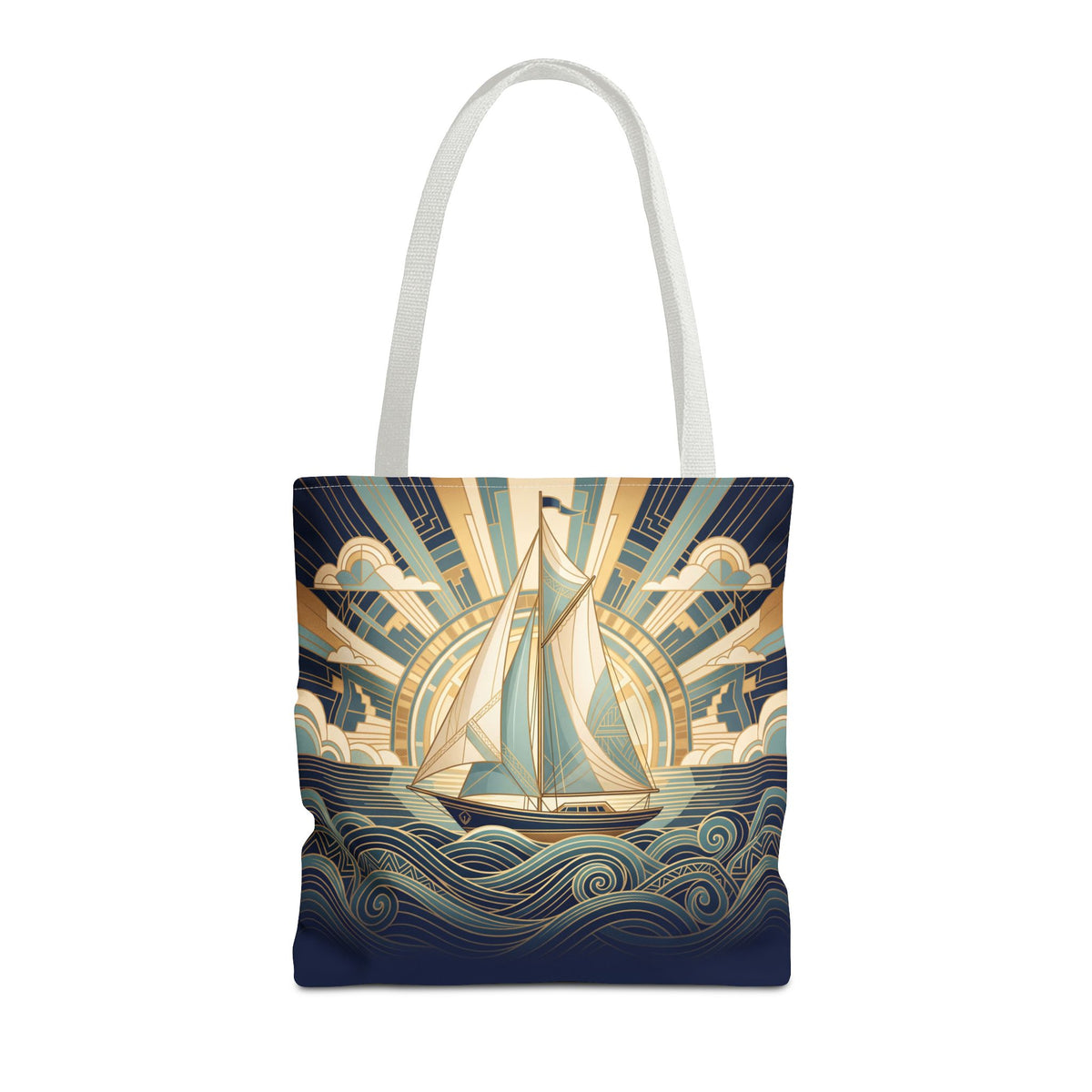 Vintage Art Deco Sailboat Tote Bag – Sunrise Swirling Waves Beach Bag