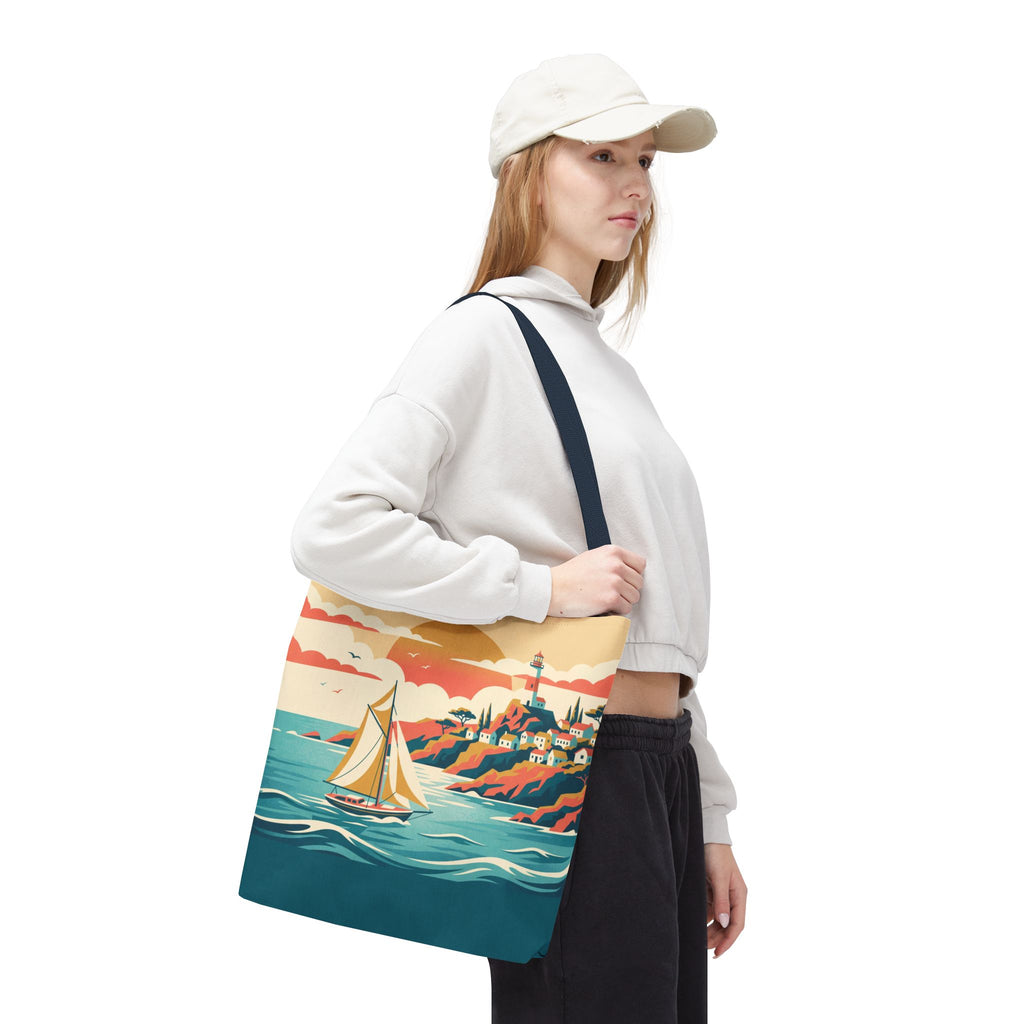 Coastal Lighthouse Sailboat Tote Bag – Retro Seaside Sunset Beach Bag