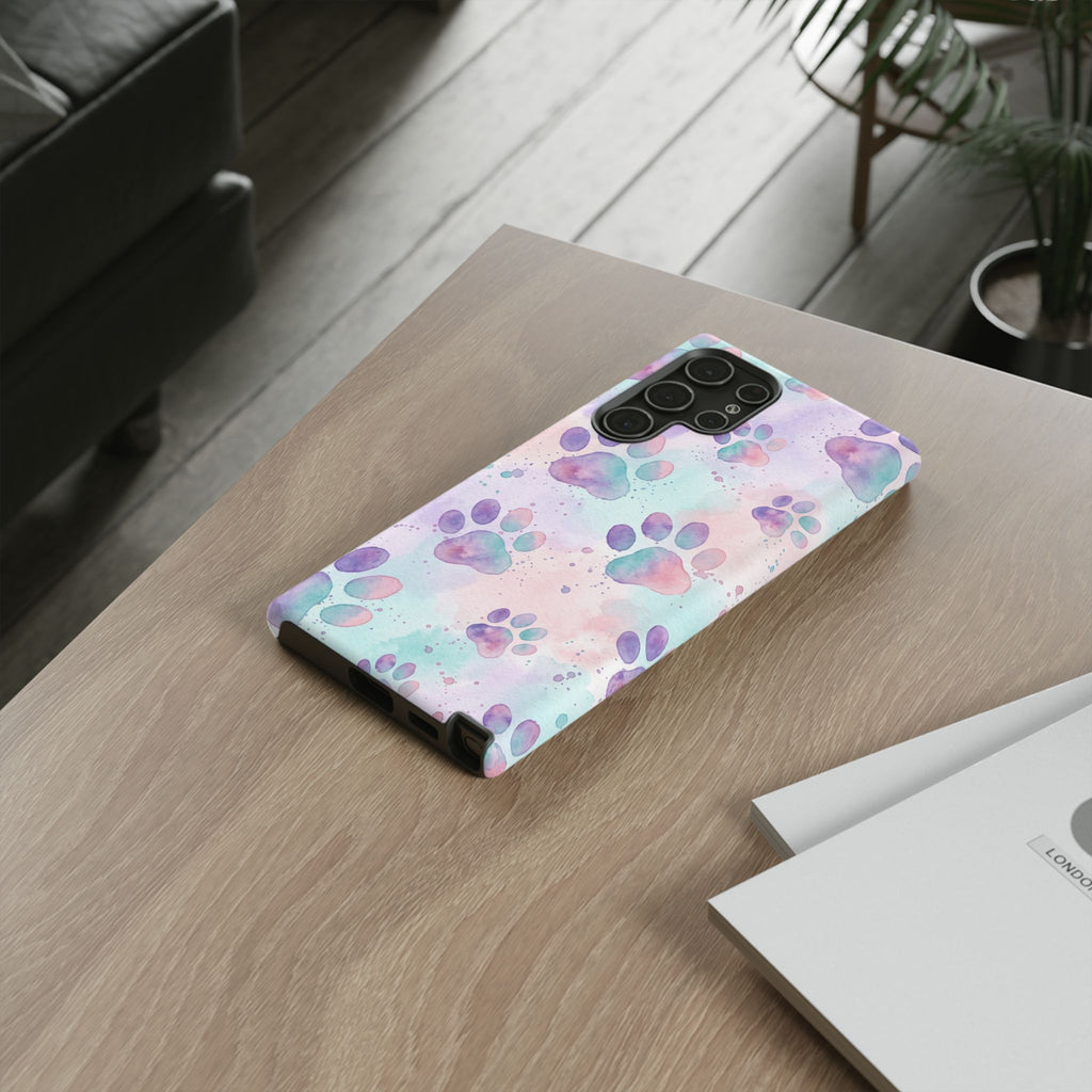 Watercolor Paw Print Phone Case | Pastel Purple, Teal & Pink Artistic Pattern | Samsung & iPhone