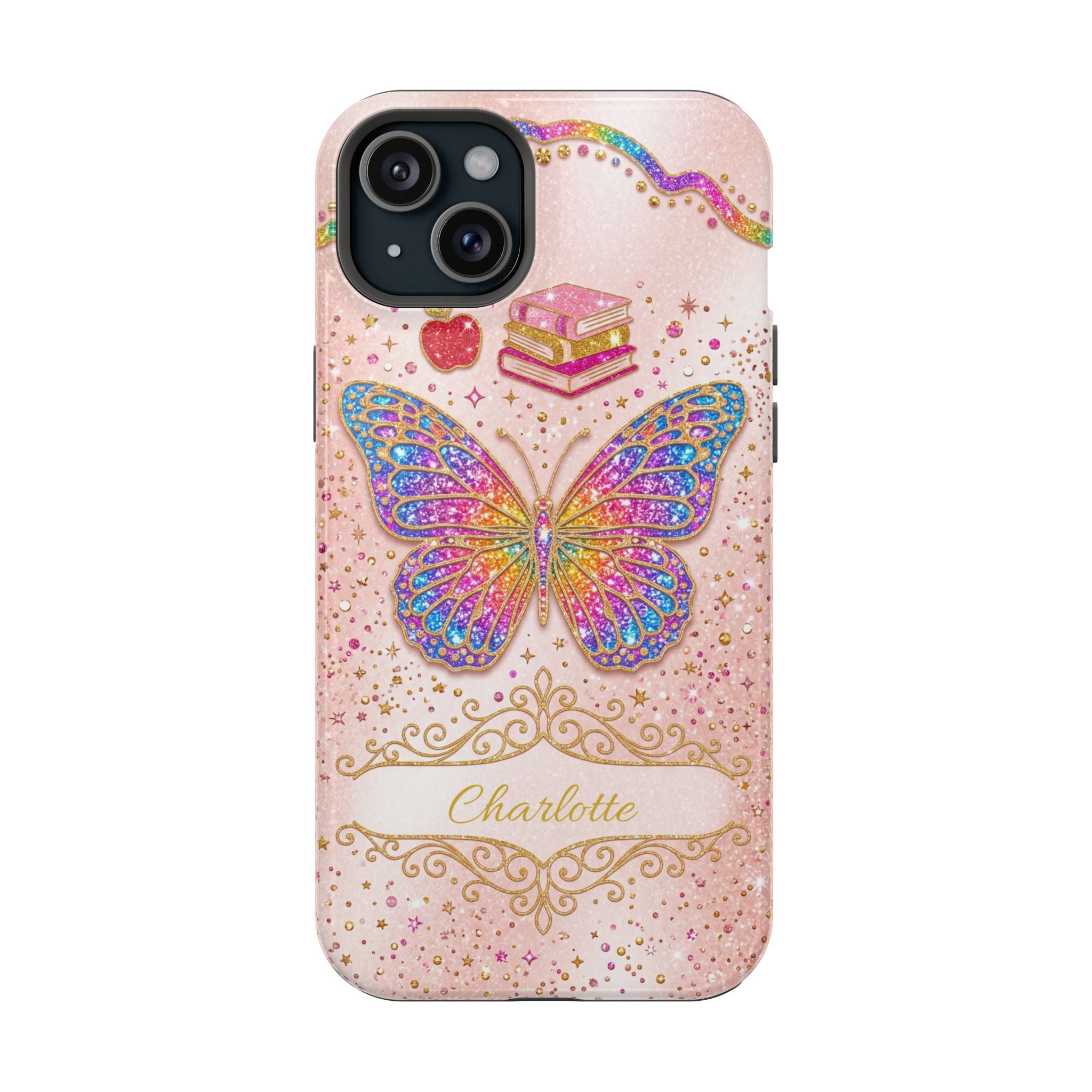 Blush Glitter Butterfly Personalized Teacher Phone Case — Wireless Charging Cover