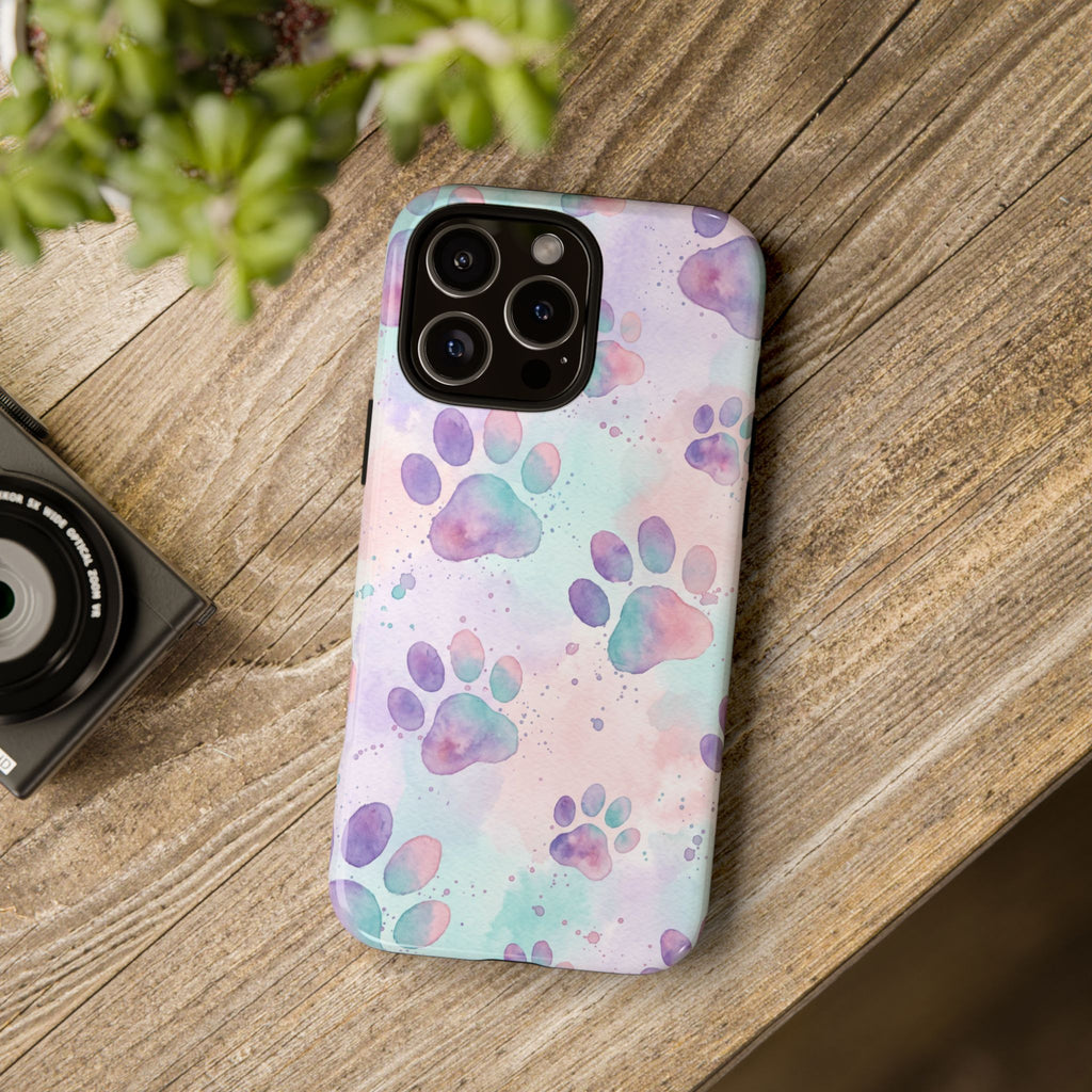 Watercolor Paw Print Phone Case | Pastel Purple, Teal & Pink Artistic Pattern | Samsung & iPhone